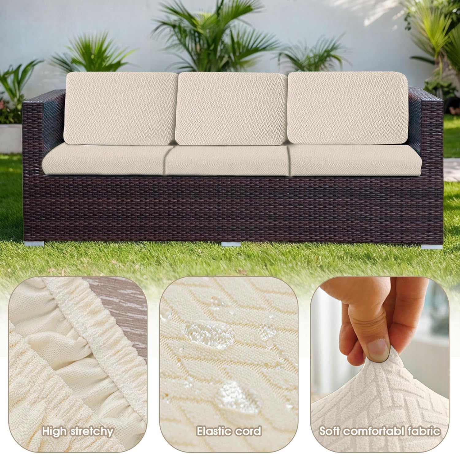 Outdoor Waterproof Couch Cushion Covers, Stretch Individual Patio Chair Cushion Outdoor Seat Cushion Pad Replacement Sofa Cushion Protector Sofa Slipcover (Cream, 2Pcs) - Image 3