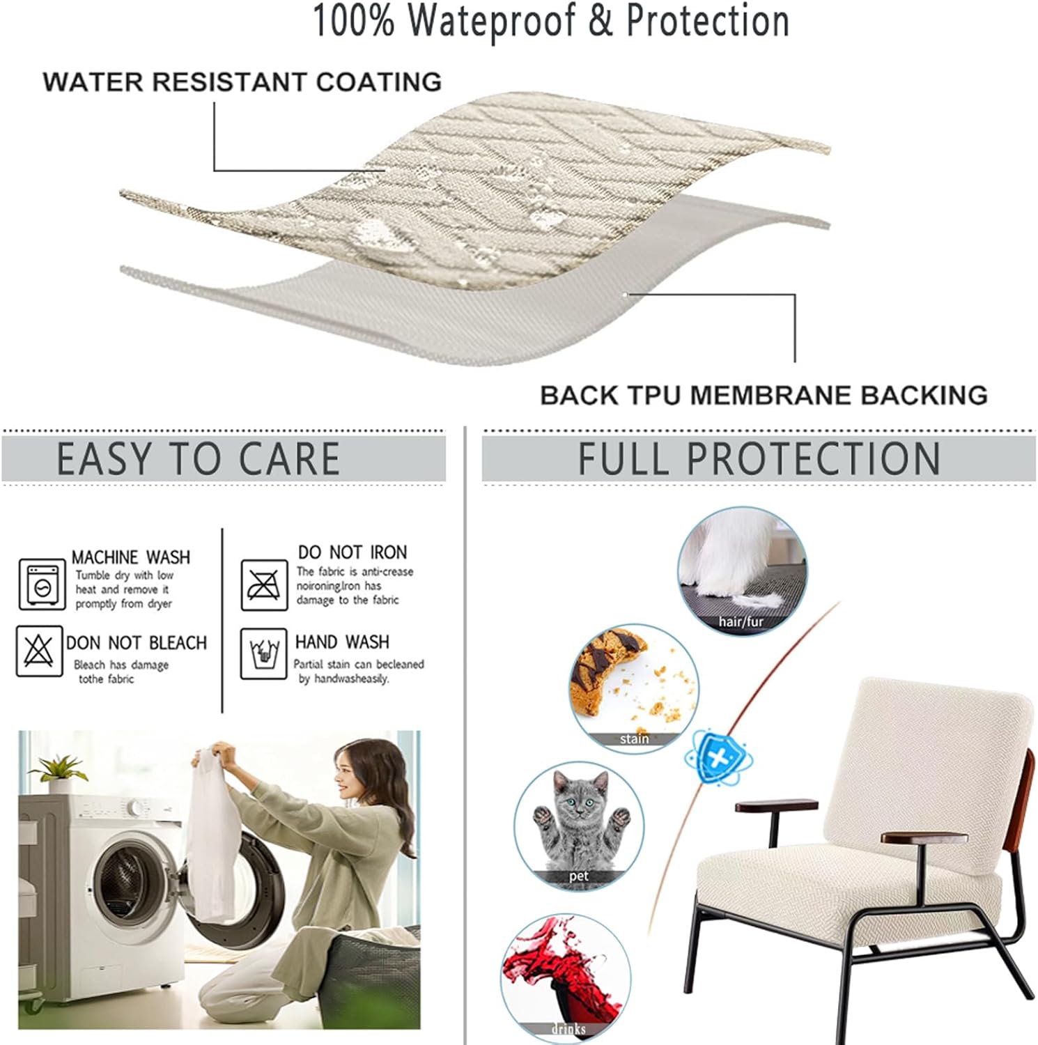 Outdoor Waterproof Couch Cushion Covers, Stretch Individual Patio Chair Cushion Outdoor Seat Cushion Pad Replacement Sofa Cushion Protector Sofa Slipcover (Cream, 2Pcs) - Image 5