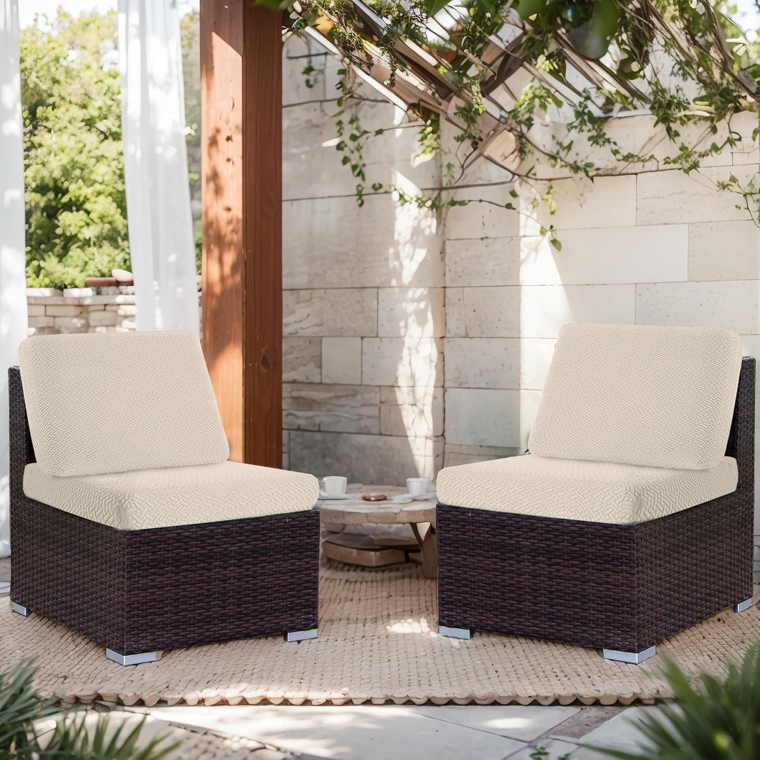 Outdoor Waterproof Couch Cushion Covers, Stretch Individual Patio Chair Cushion Outdoor Seat Cushion Pad Replacement Sofa Cushion Protector Sofa Slipcover (Cream, 2Pcs) - Image 6
