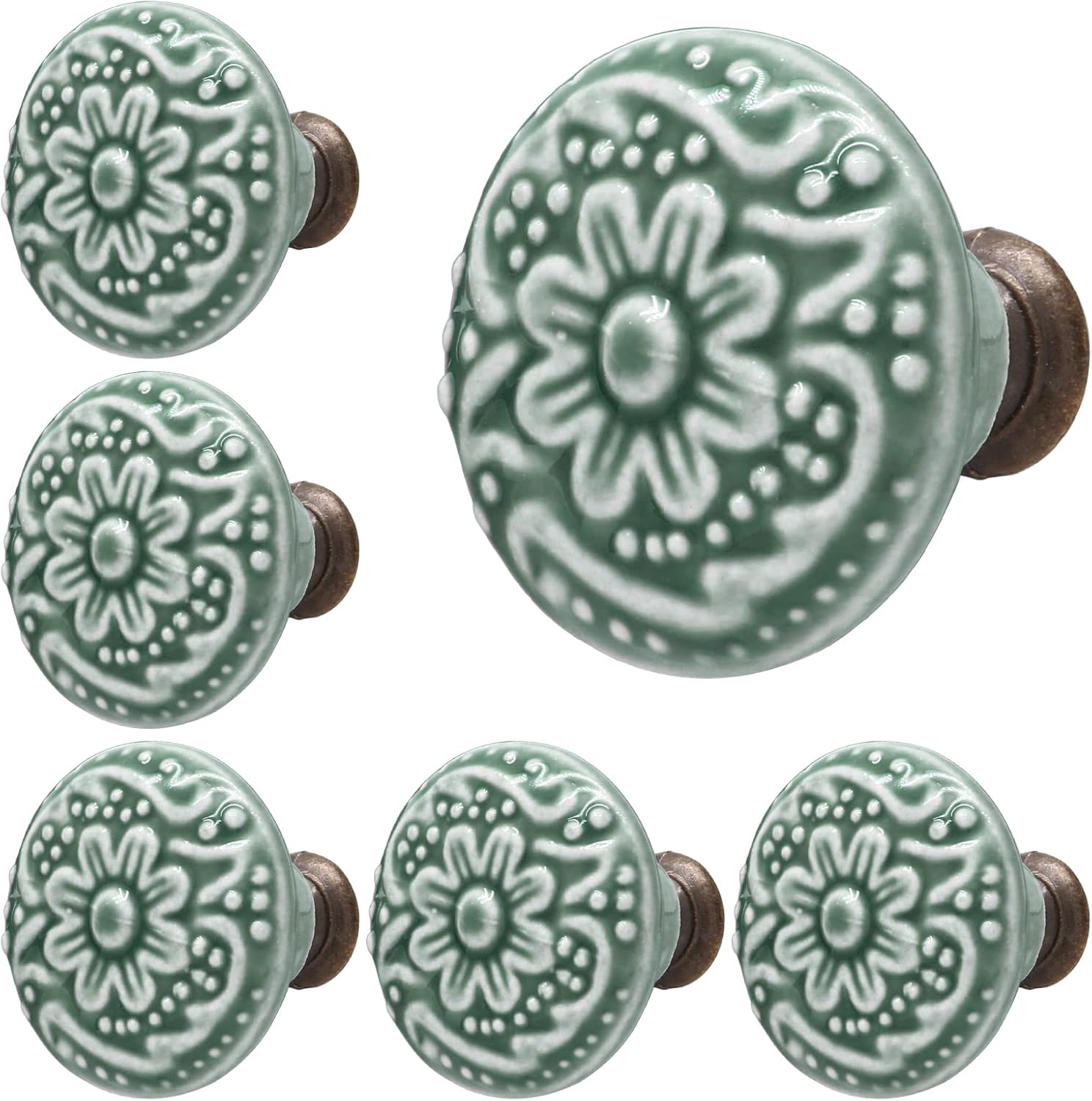 Green Ceramic knobs, Kitchen Cabinet Knobs, Retro Dresser Knobs, Drawer Knobs, Furniture Decorative Knobs and Pulls for Drawer, Dressers, Cupboard, Closet, 34mm / 1.3Inch Diameter(10Pcs) - Image 1