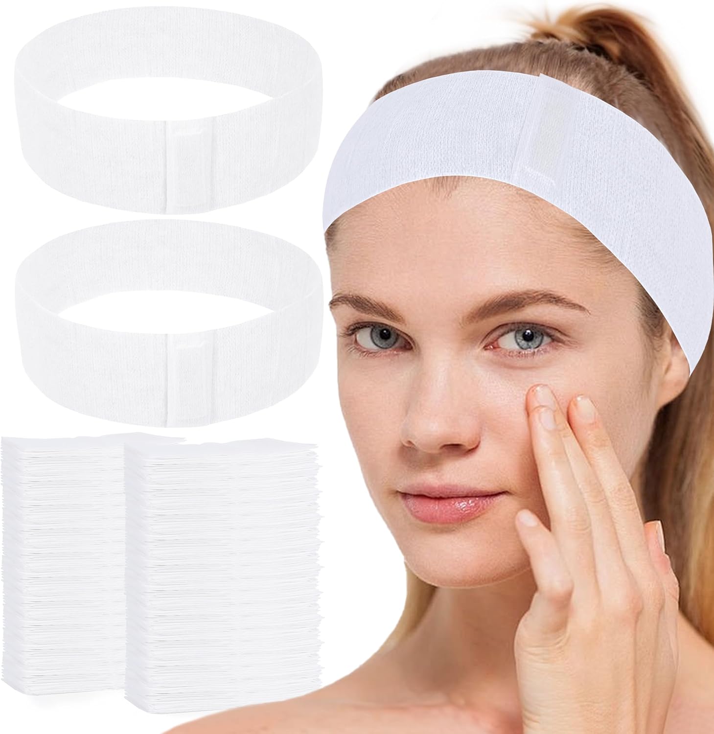 200 Count Disposable Spa Facial Headbands with Convenient Closure,White Stretch Facial Headwraps Soft for Facials Skincare Spa - Image 1