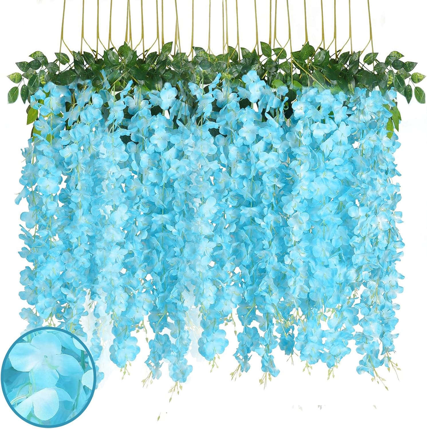 24 Pack Lake Blue Wisteria Hanging Flowers Garland, 3.77 Feet Lake Blue Artificial Wisteria Flower Vines, Fake Lake Blue Wisteria, Lake Blue Flower Vines for Backdrop, Hanging Flower Garland Decor - Image 1