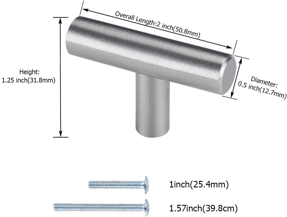 10 Pack Brushed Nickel Cabinet Knobs Cabinet Hardware - Brushed Nickel Drawer Knobs Kitchen Cabinet Knobs T Bar Drawer Pull Knobs 1/2 inch Diameter Overall Length 50mm - Image 2