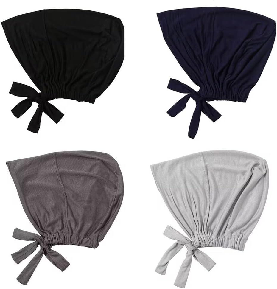 4 Pcs Women Hijab Undercap Muslim Inner Beanies Cap with Tie Back Closure Adjustable Underscarf Hat Chemo Turban Cap - Image 2