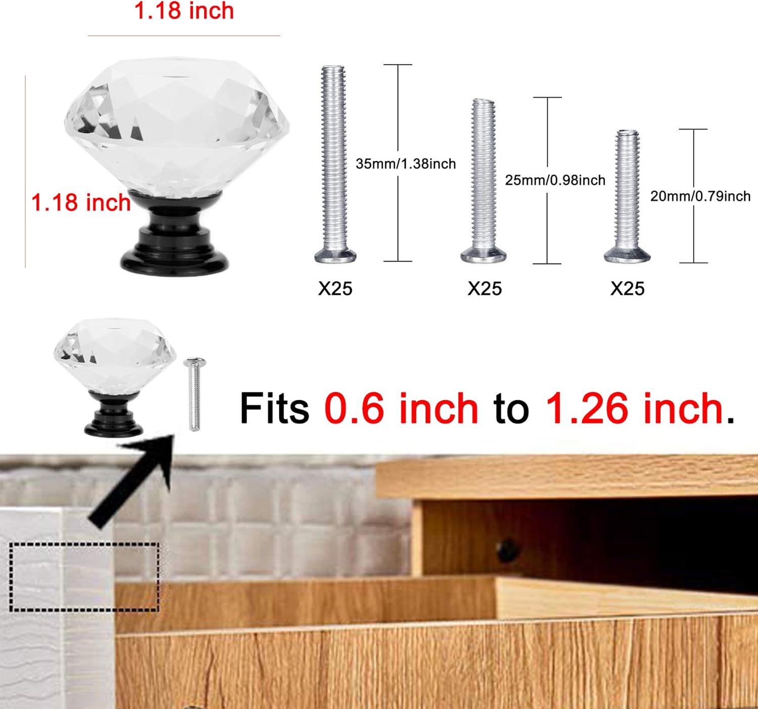 25 Pack Drawer Knobs Diamond Shaped Crystal Glass 30mm Cabinet Knobs Pull Handles (30mm, 25 Pack, Black) - Image 3