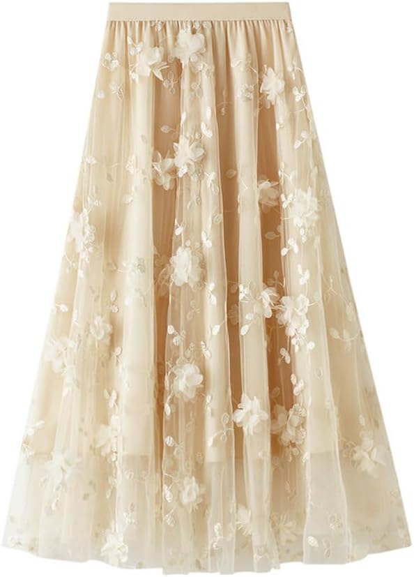 Women's Tutu Tulle Skirt Elastic High Waist Layered Midi Skirt Lace Embroidery Asymmetrical A-Line Skirt - Image 1