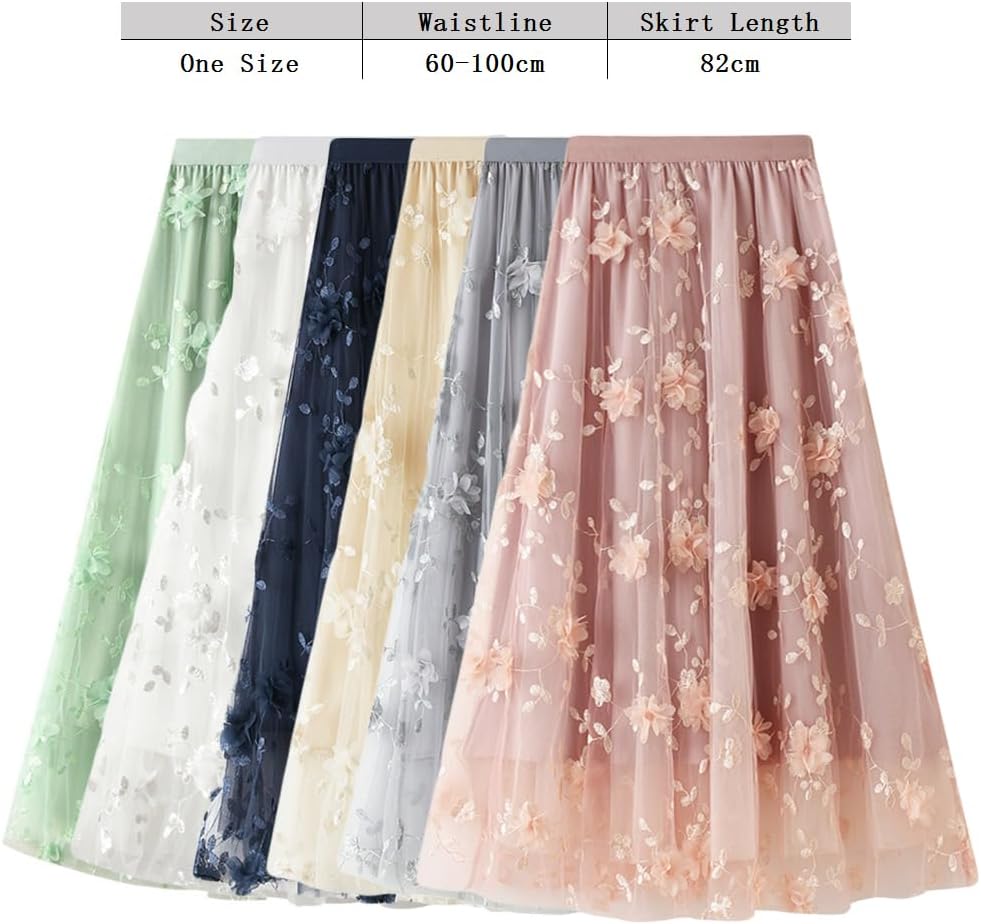 Women's Tutu Tulle Skirt Elastic High Waist Layered Midi Skirt Lace Embroidery Asymmetrical A-Line Skirt - Image 2