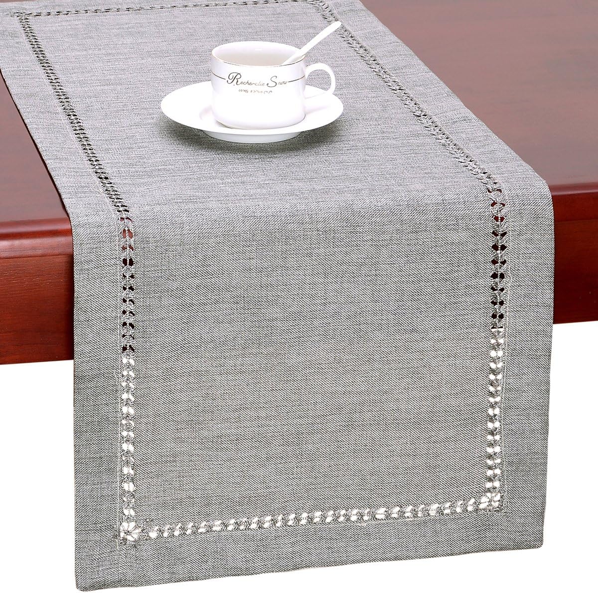 Handmade Hemstitch Gray Dining Table Runner Or Dresser Scarf, Rectangular 14 by 72 Inch - Image 1