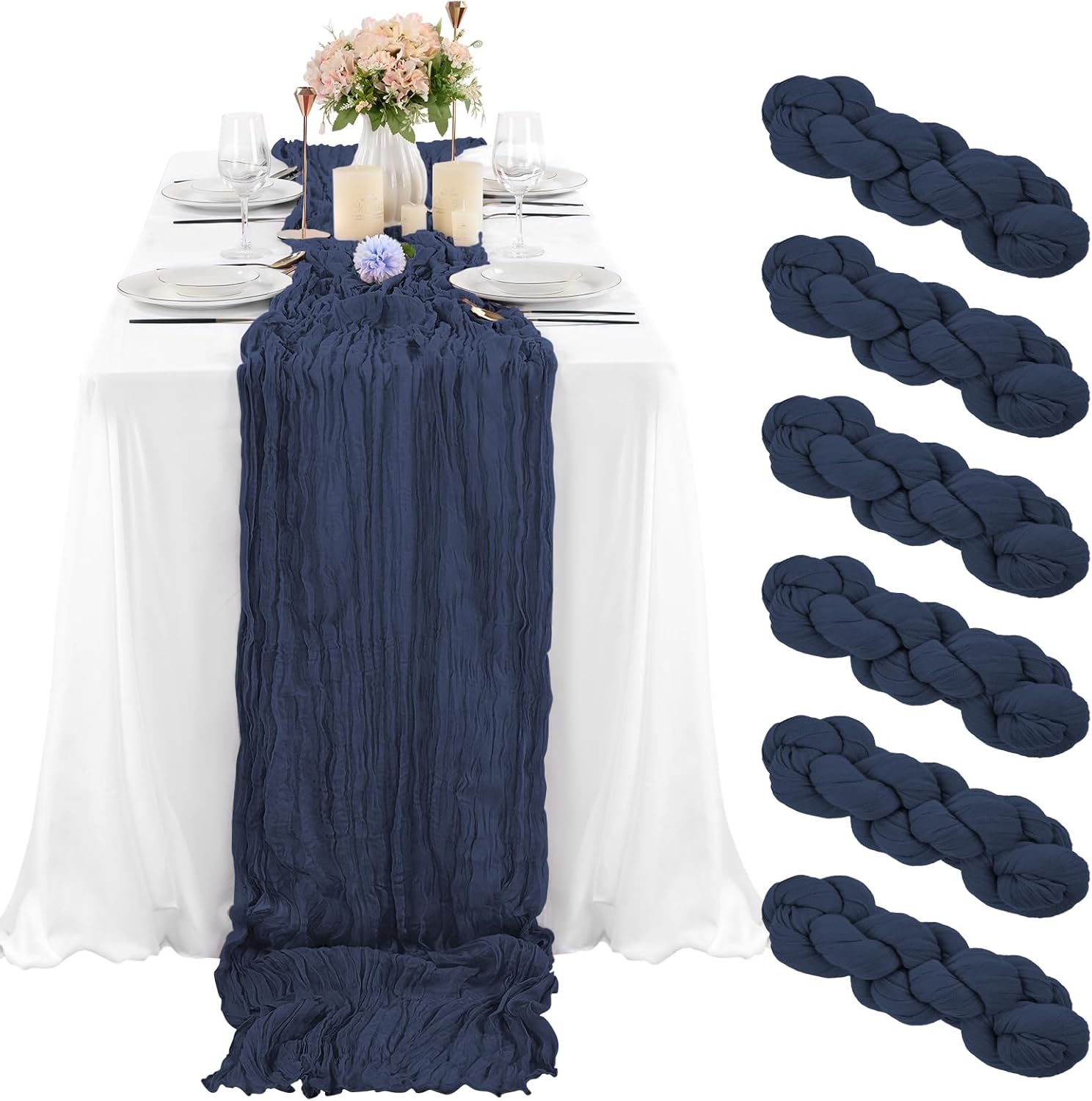 6 Pcs Navy Blue Cheesecloth Table Runner 10FT, Gauze Table Runner for Wedding Reception Sheer Bridal Shower Birthday Party Boho Table Decoration, Rustic Romantic Wedding Runner - Image 1