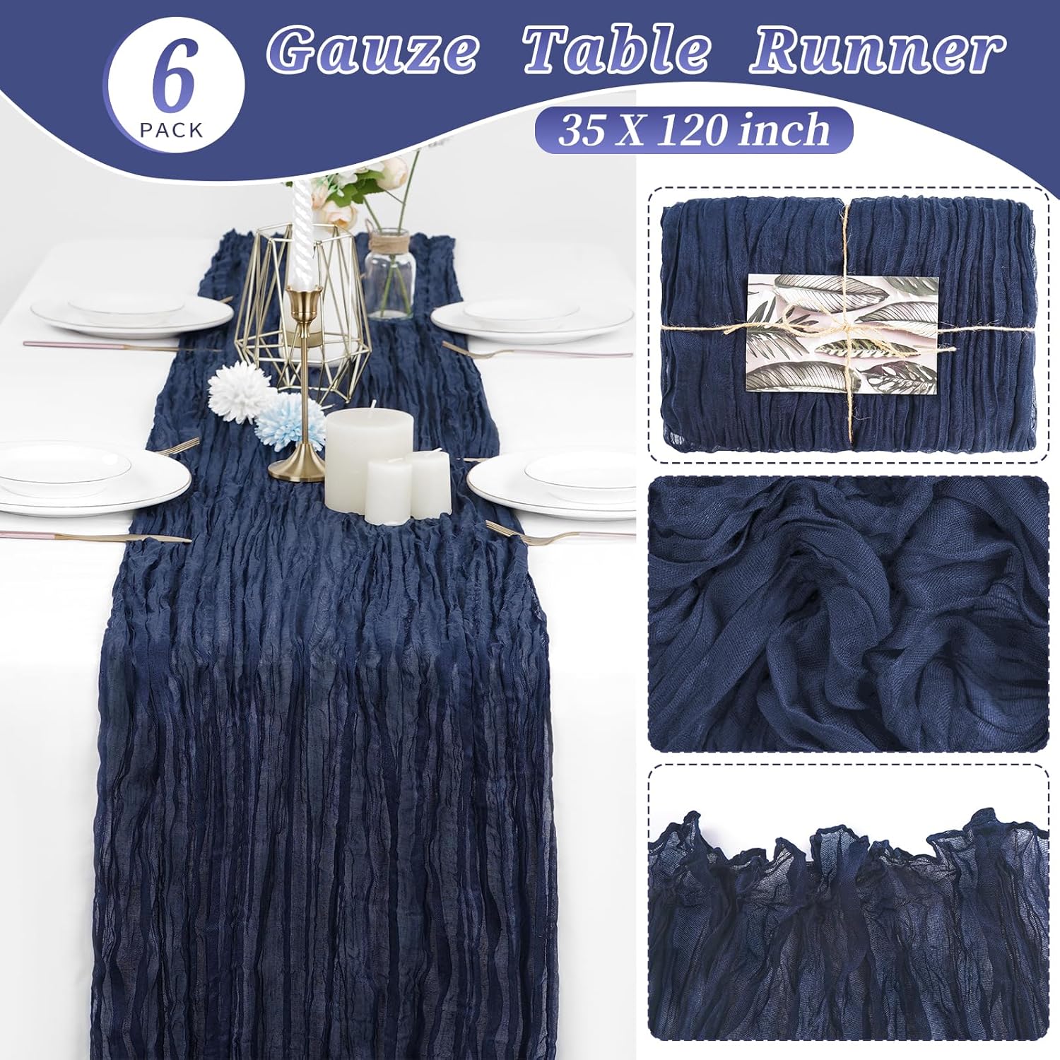 6 Pcs Navy Blue Cheesecloth Table Runner 10FT, Gauze Table Runner for Wedding Reception Sheer Bridal Shower Birthday Party Boho Table Decoration, Rustic Romantic Wedding Runner - Image 2