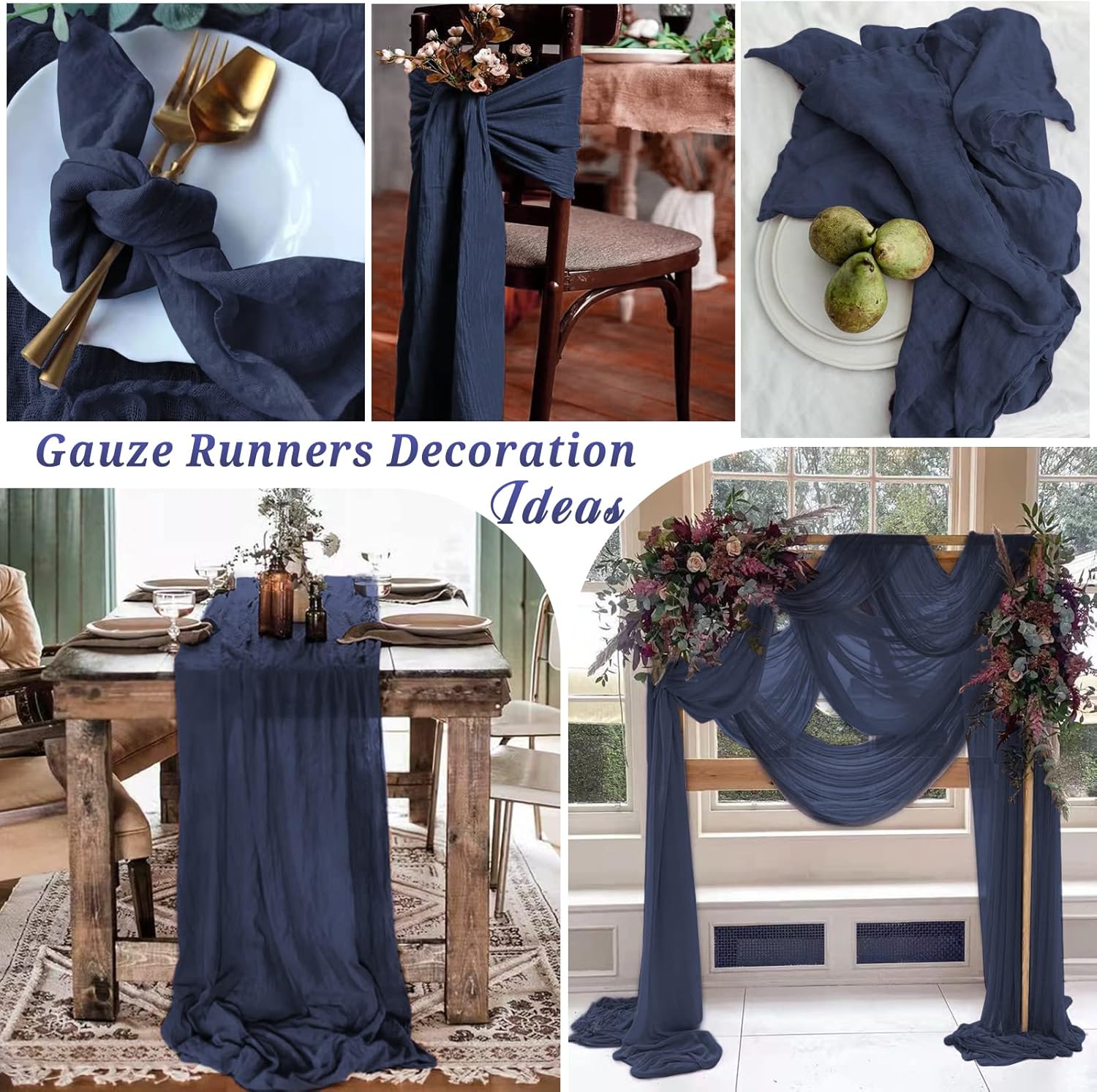 6 Pcs Navy Blue Cheesecloth Table Runner 10FT, Gauze Table Runner for Wedding Reception Sheer Bridal Shower Birthday Party Boho Table Decoration, Rustic Romantic Wedding Runner - Image 5