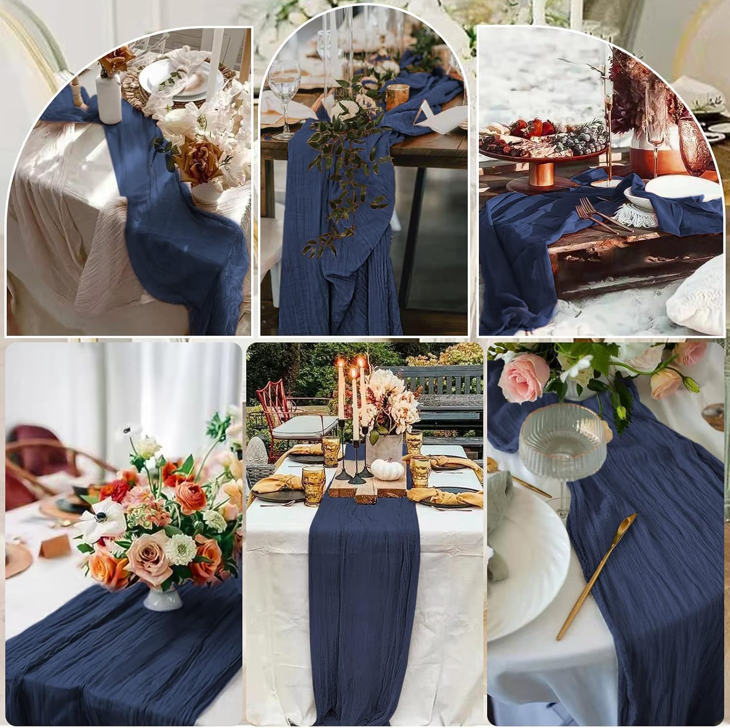 6 Pcs Navy Blue Cheesecloth Table Runner 10FT, Gauze Table Runner for Wedding Reception Sheer Bridal Shower Birthday Party Boho Table Decoration, Rustic Romantic Wedding Runner - Image 6