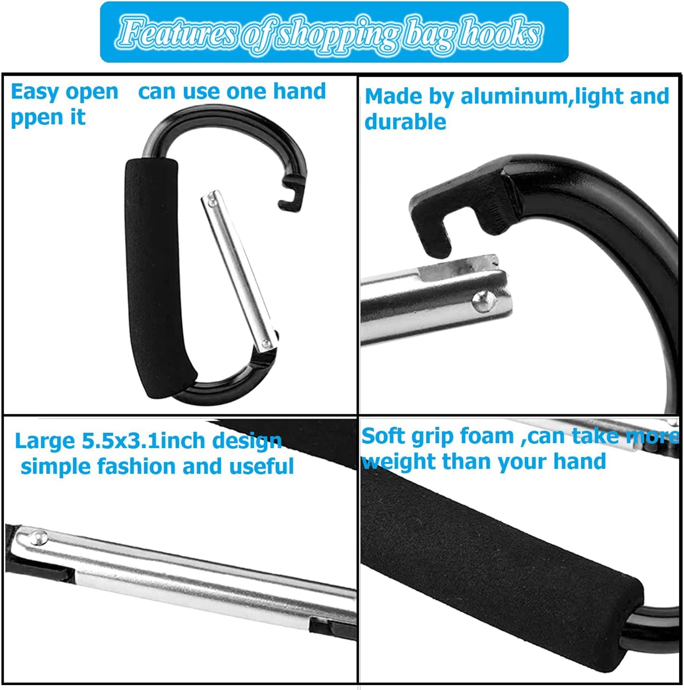 Stroller Hooks by Baby,Large Stroller Hooks for Mommy, 2 pcs Carabiner Stroller Hook Organizer for Hanging Purses, Diaper Bag, Shopping Bags (Sky Blue) - Image 5