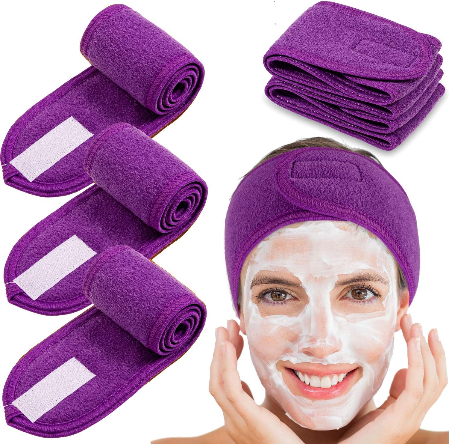Spa Facial Headband  4 Packs Head Wrap Terry Cloth Headband Adjustable Stretch Towel for Bath, Makeup and Sport (Purple) - Image 1