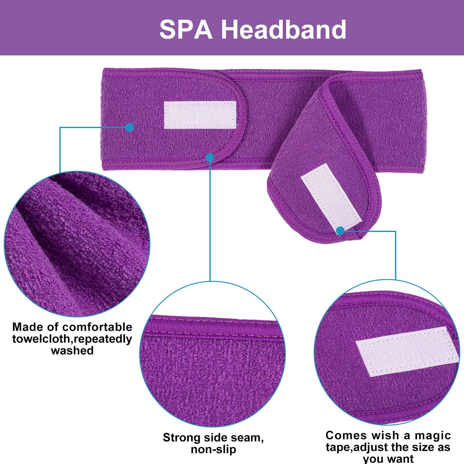 Spa Facial Headband  4 Packs Head Wrap Terry Cloth Headband Adjustable Stretch Towel for Bath, Makeup and Sport (Purple) - Image 3