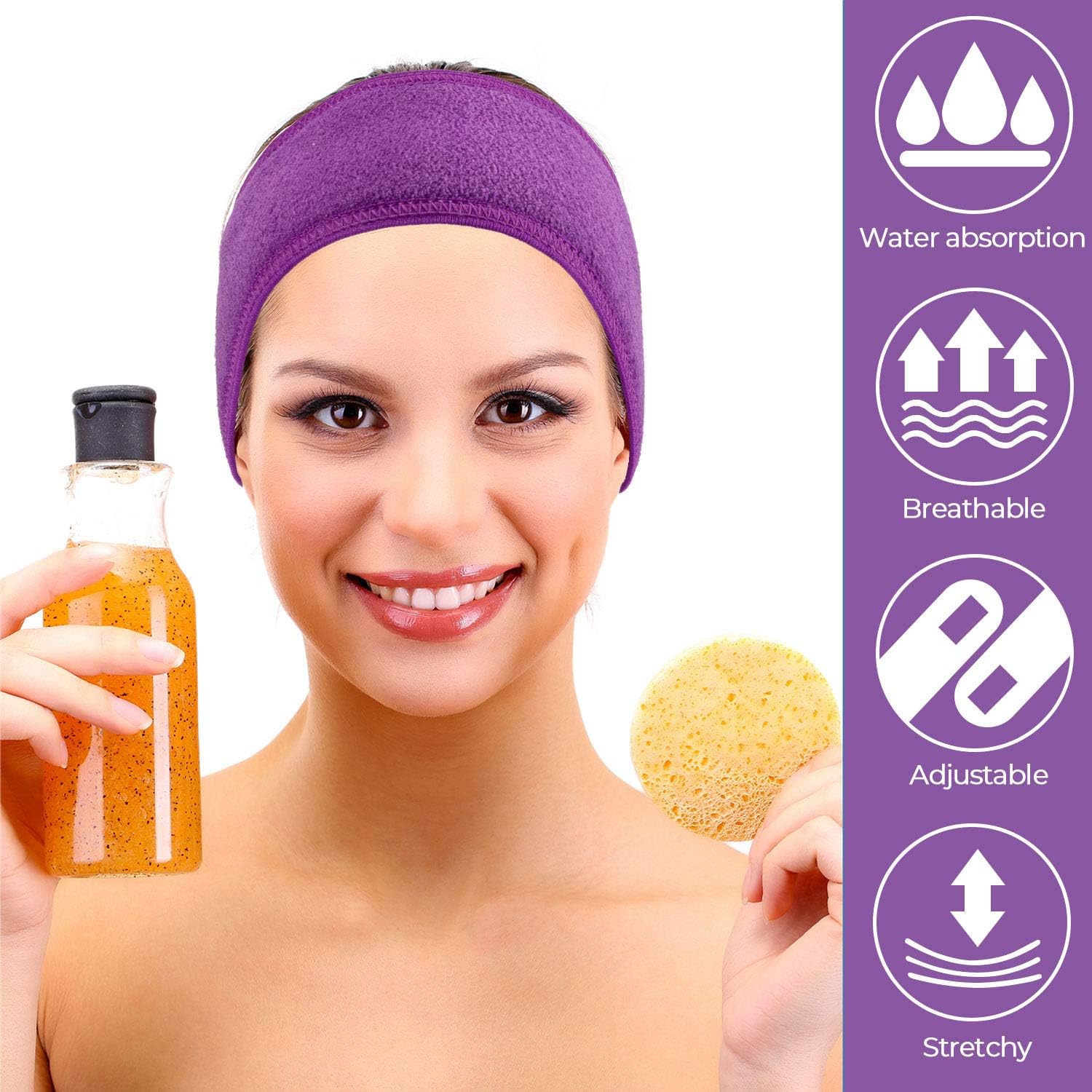 Spa Facial Headband  4 Packs Head Wrap Terry Cloth Headband Adjustable Stretch Towel for Bath, Makeup and Sport (Purple) - Image 6