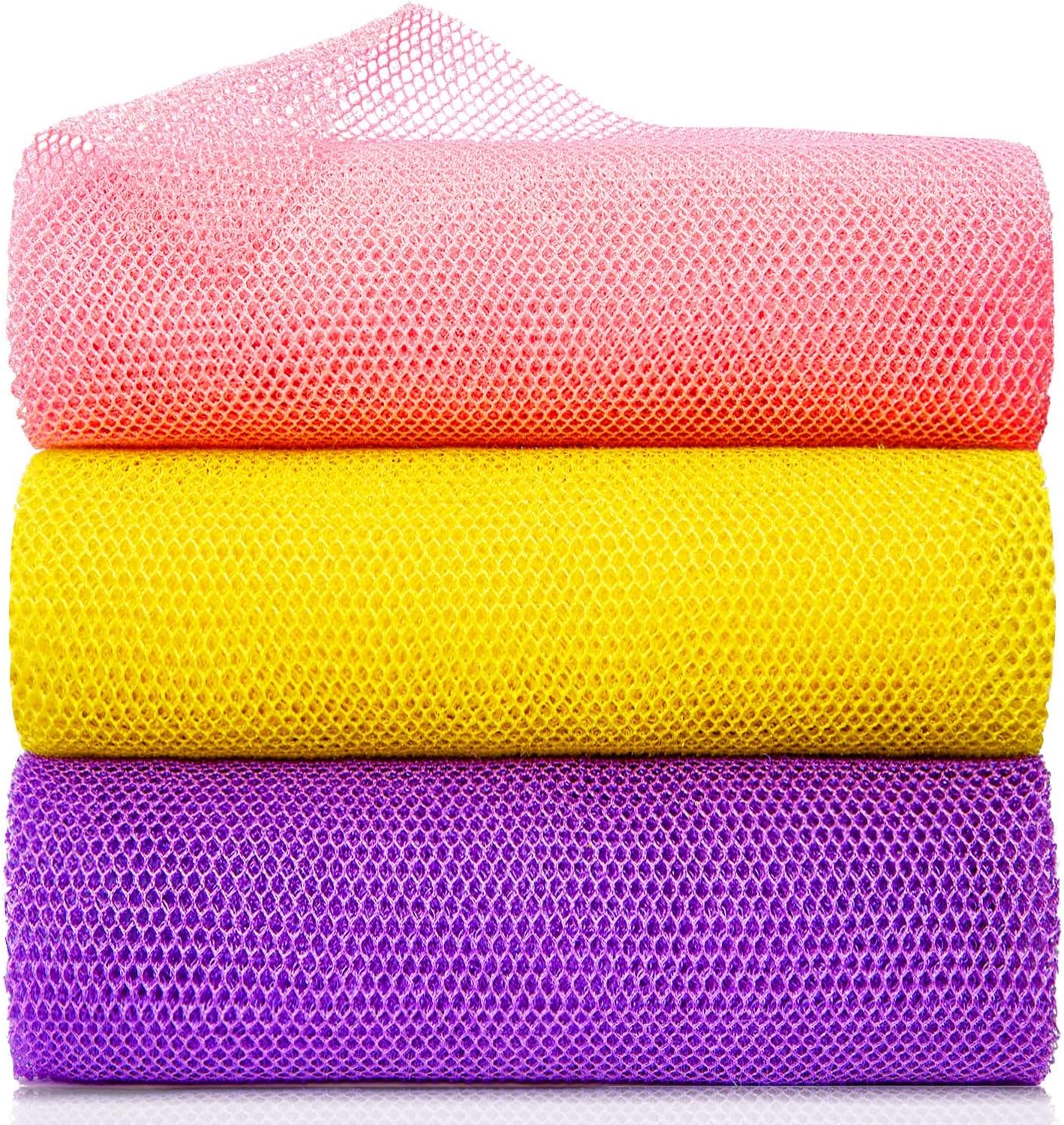 3 Pieces African Bath Sponge Exfoliating Scrubbing Long Net Rag Wash Shower Body Scrubber, Yellow Pink Purple - Image 1