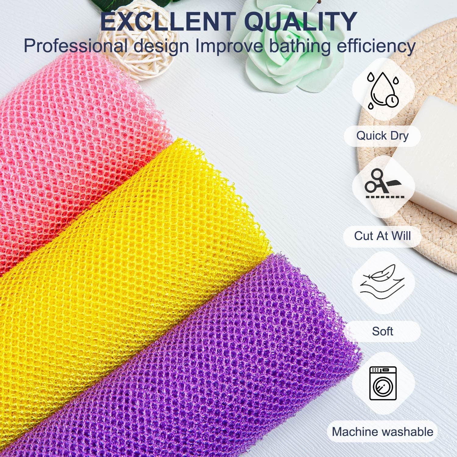 3 Pieces African Bath Sponge Exfoliating Scrubbing Long Net Rag Wash Shower Body Scrubber, Yellow Pink Purple - Image 2