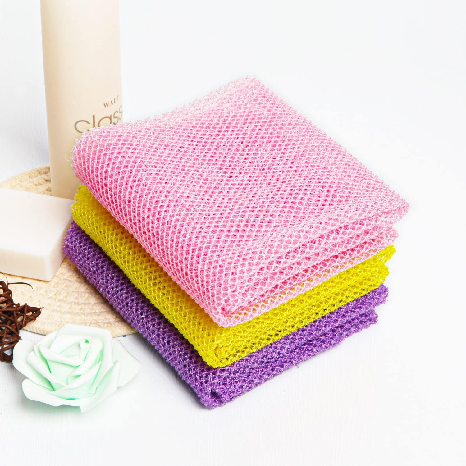 3 Pieces African Bath Sponge Exfoliating Scrubbing Long Net Rag Wash Shower Body Scrubber, Yellow Pink Purple - Image 4