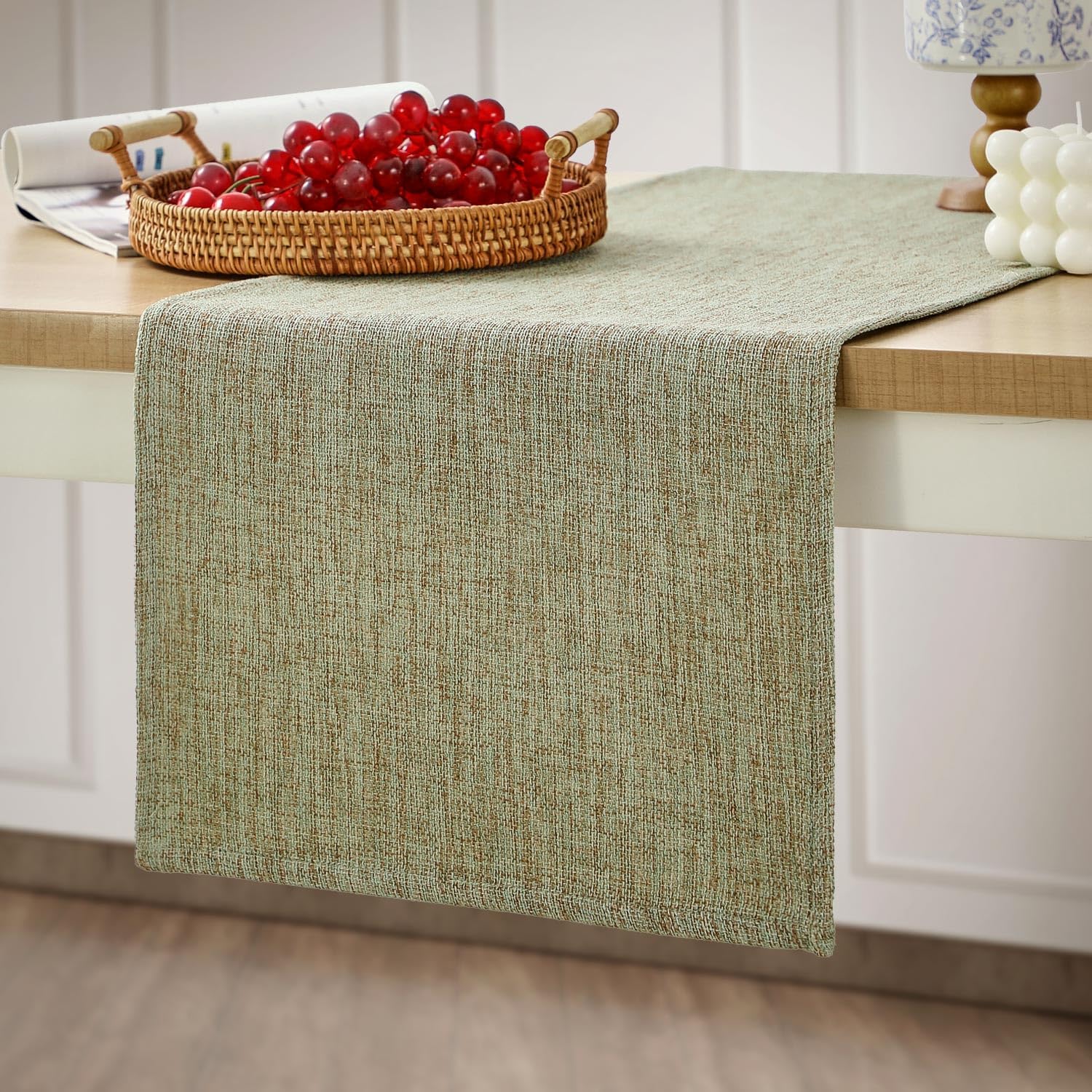 Rustic Table Runner Boho Style, Handmade Sage Green Table Runner 36 Inches Long for Home Dining,Coffee Table,Kitchen,13x36 - Image 1