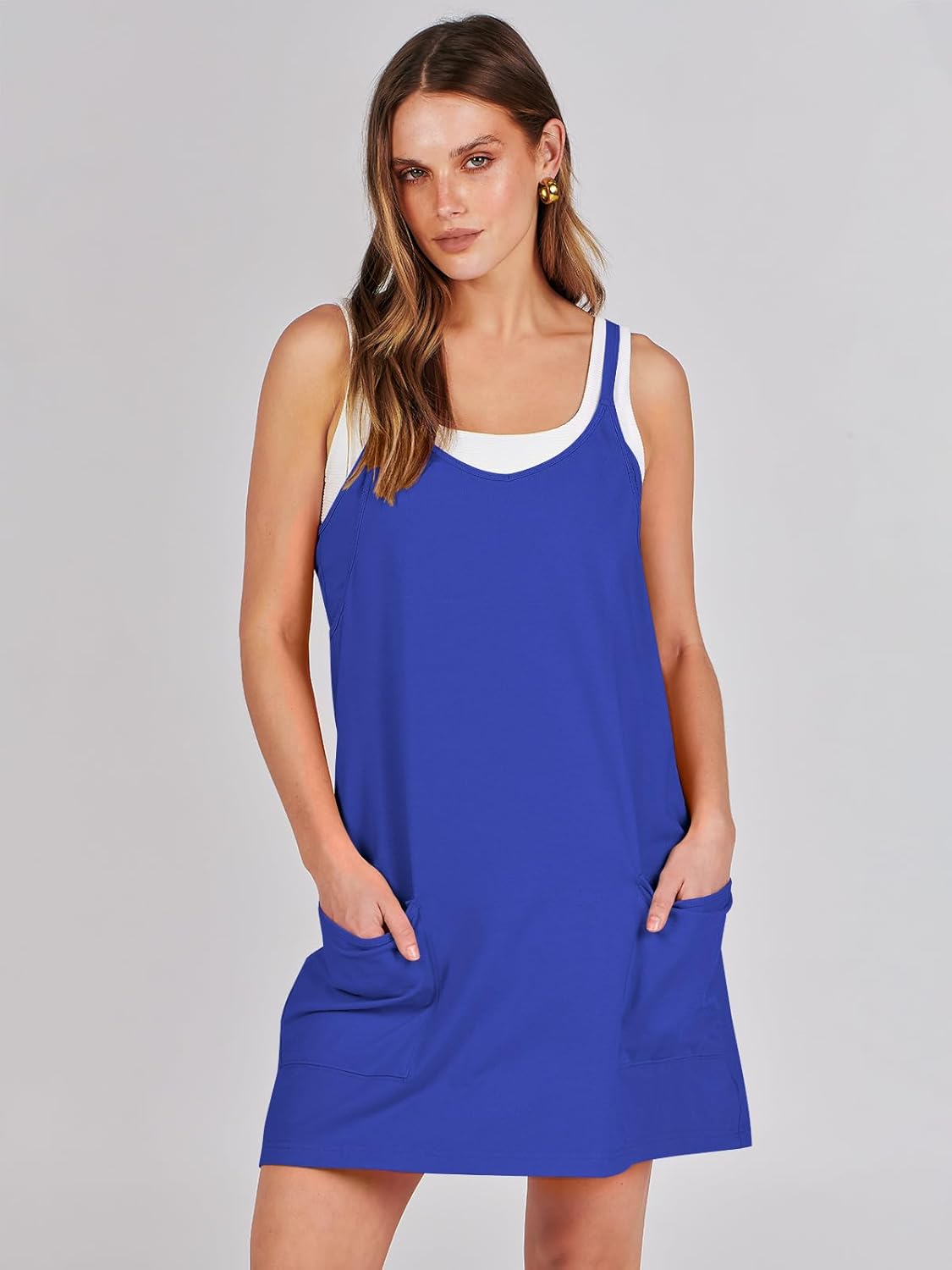 Women 2023 Summer Sleeveless Mini Dress Casual Short Sundress Workout Tennis Athletic Onesie with Pockets - Image 2