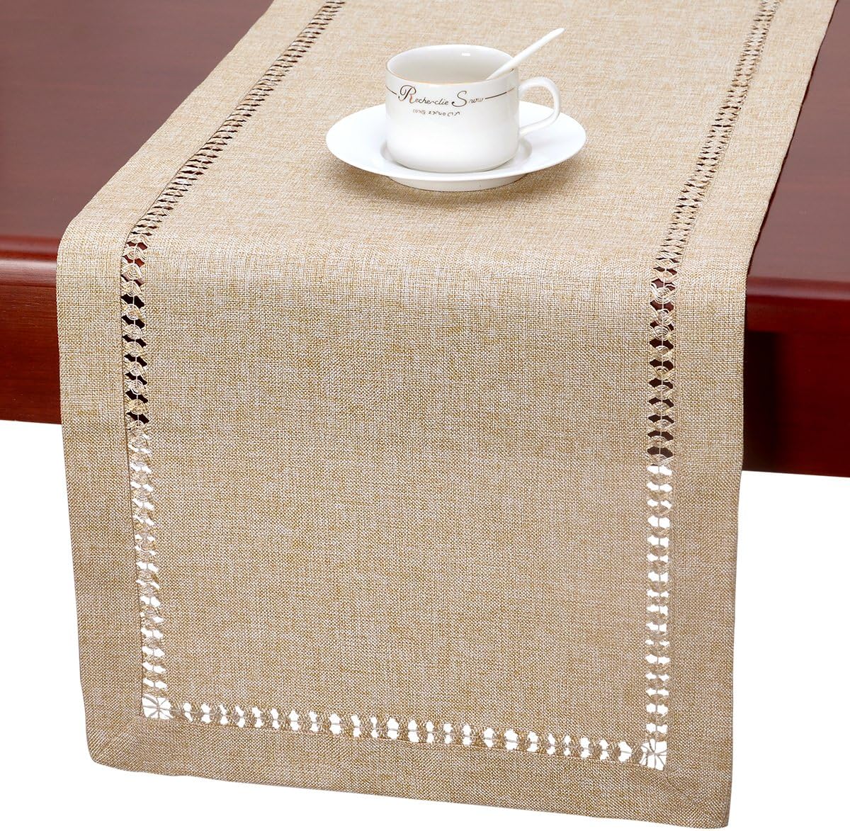 Handmade Hemstitch Beige Table Runner Or Dresser Scarf, Rectangular 14 By 108 Inch - Image 1