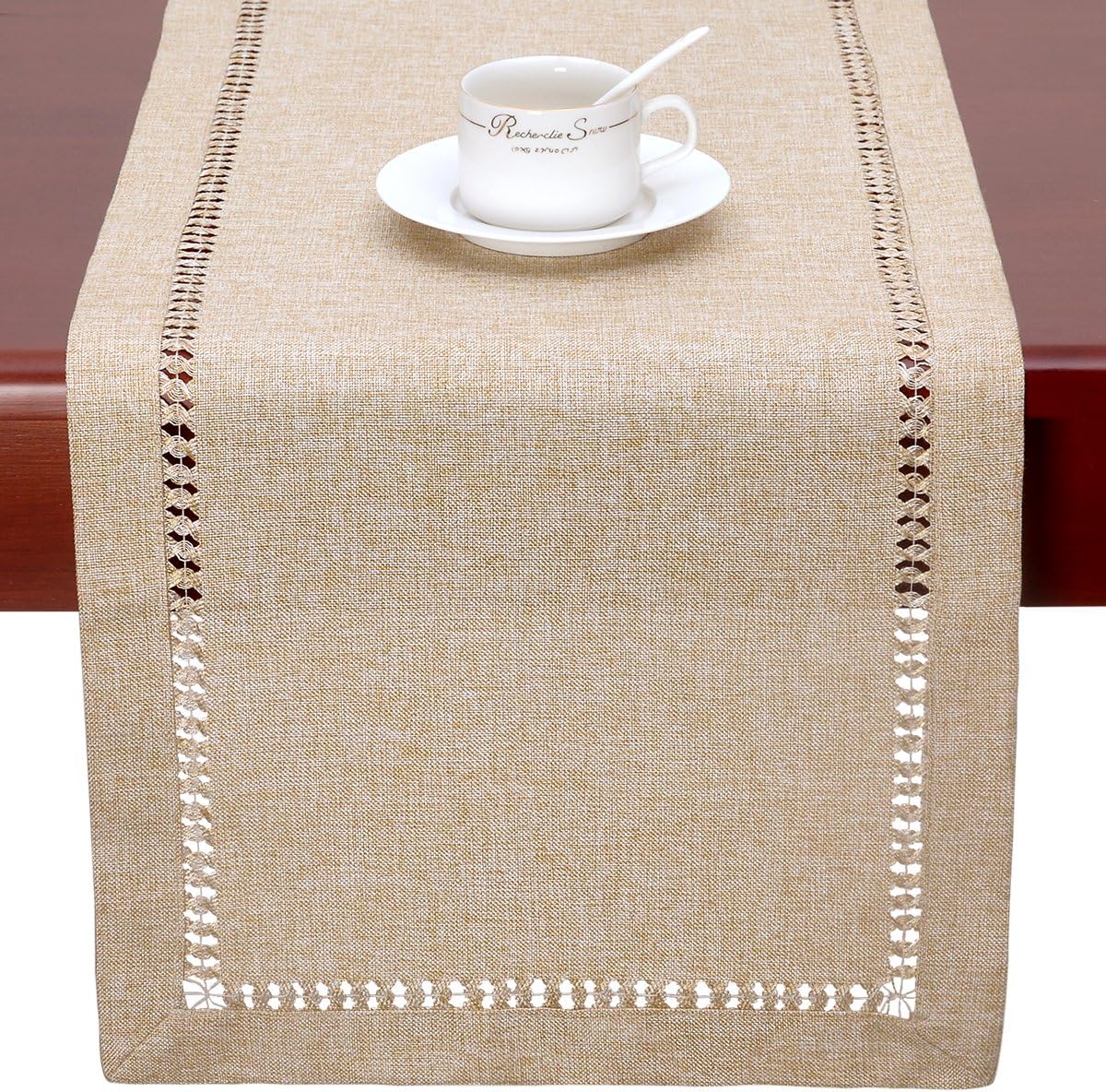 Handmade Hemstitch Beige Table Runner Or Dresser Scarf, Rectangular 14 By 108 Inch - Image 6