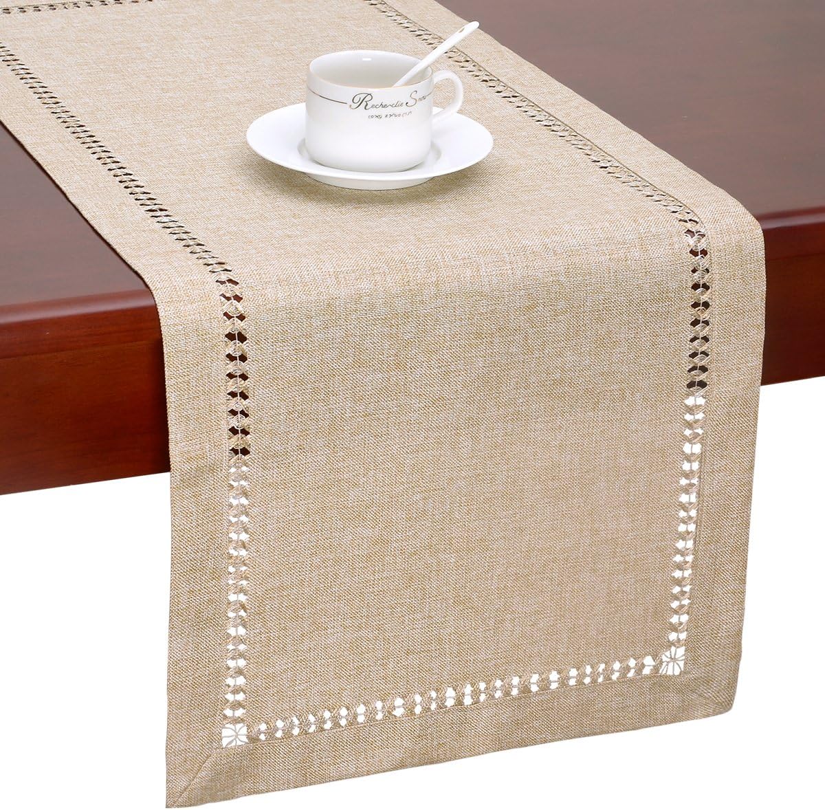 Handmade Hemstitch Beige Table Runner Or Dresser Scarf, Rectangular 14 By 108 Inch - Image 7