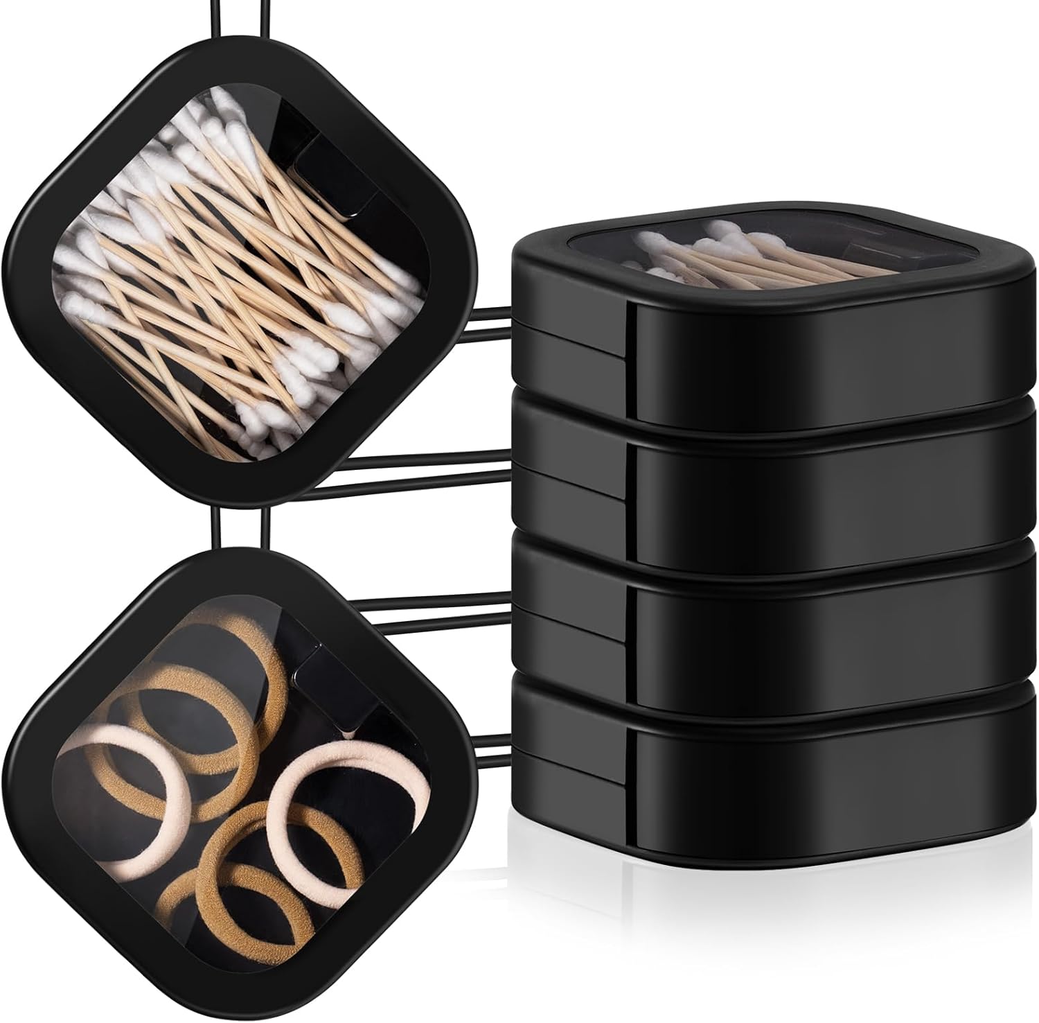 4 Pcs Black Hair Tie Organizer Portable Hair Accessory Storage Containers Stackable Tie Bobby Pin Holder Home Cotton Swab Dispenser Accessories Jewelry Organizer Box - Image 1