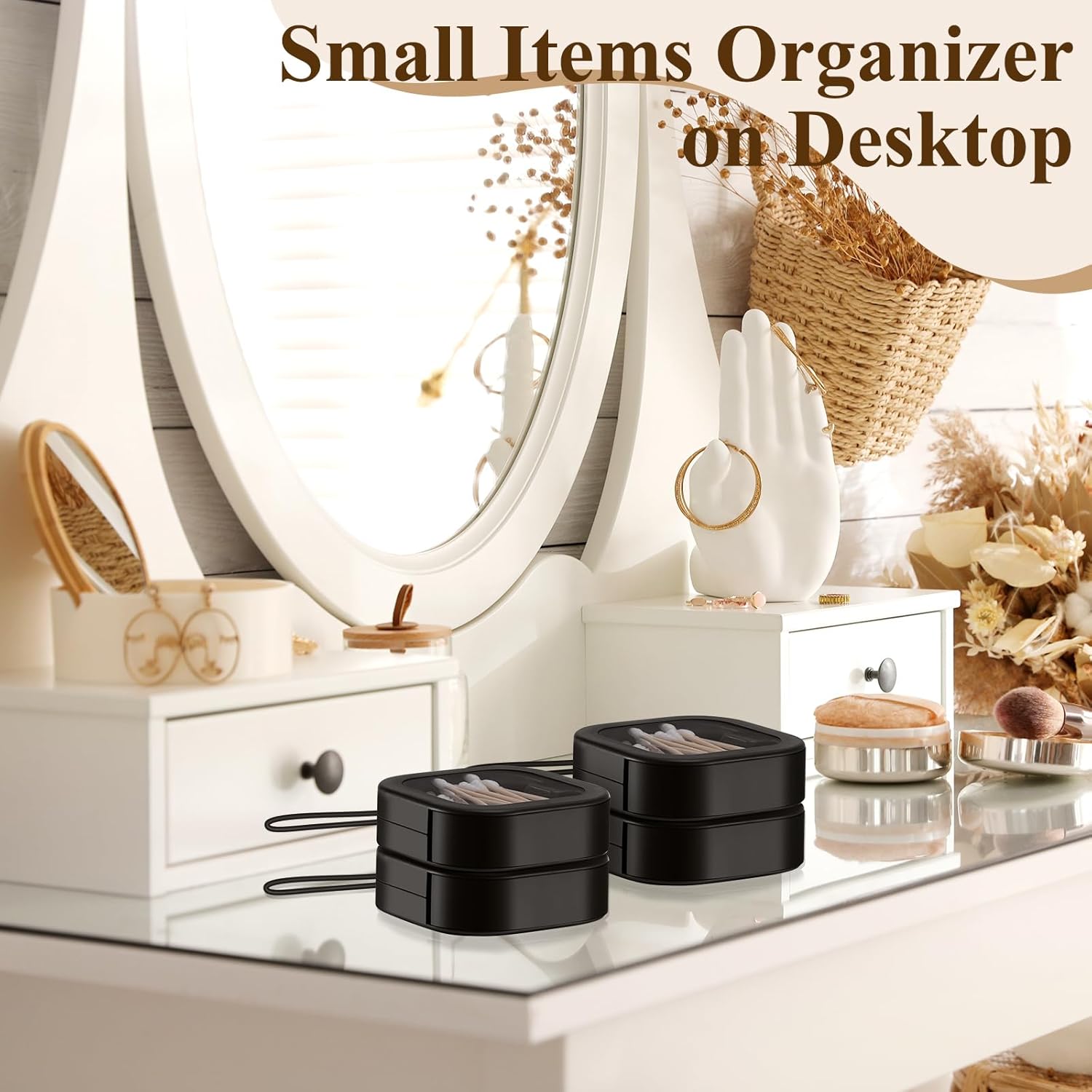 4 Pcs Black Hair Tie Organizer Portable Hair Accessory Storage Containers Stackable Tie Bobby Pin Holder Home Cotton Swab Dispenser Accessories Jewelry Organizer Box - Image 7