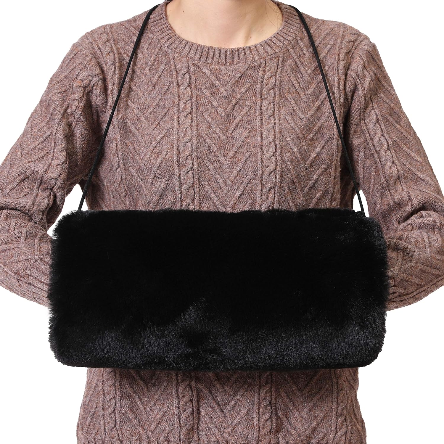 Faux Fur Hand Muffs for Women Winter Warm Arm and Hand Warmer with PU Leather Strap(Black) - Image 1