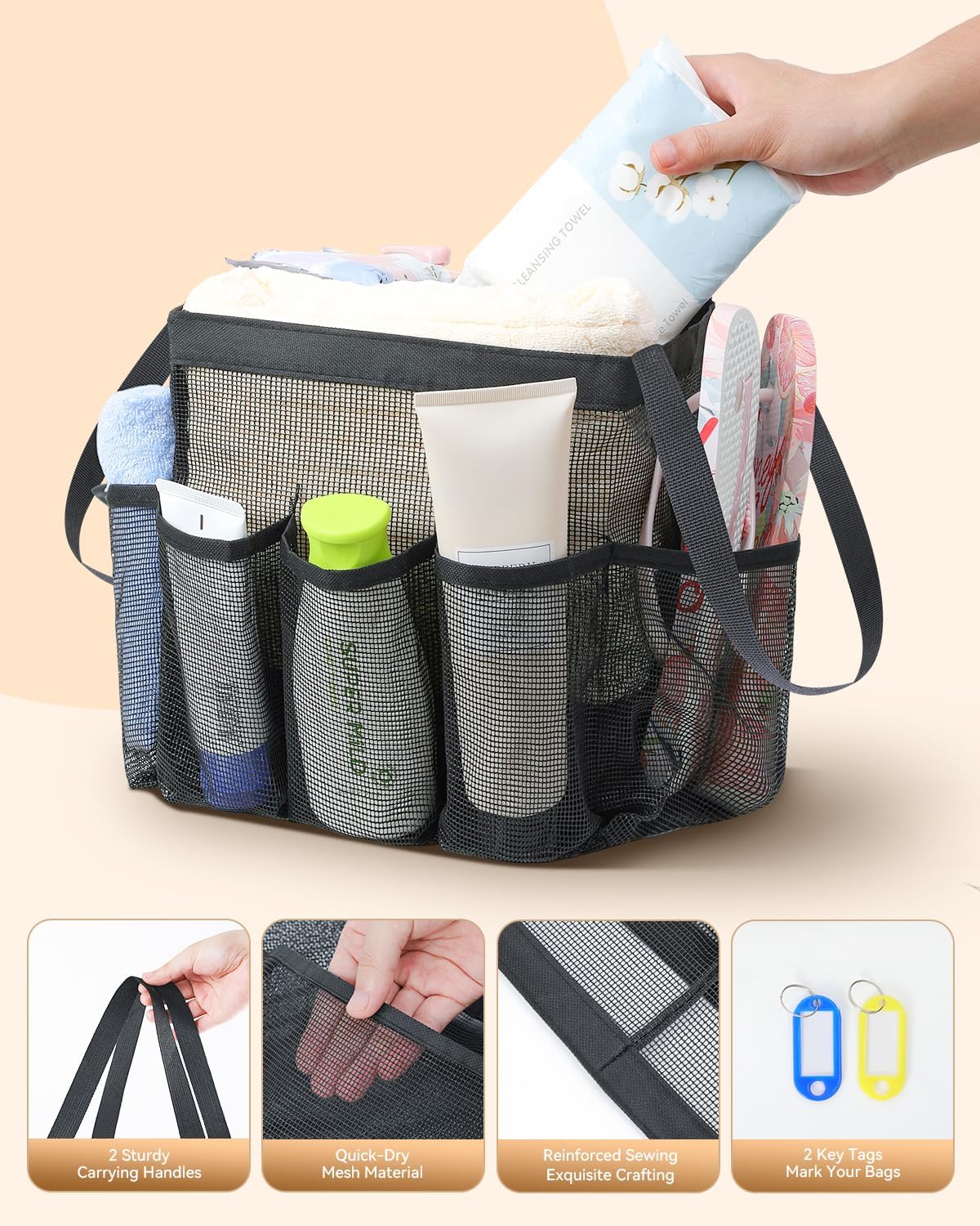 Mesh Shower Caddy Tote, Large Shower Caddy Basket Portable, Quick Dry Hanging Toiletry Bag, 8 Storage Pocket Handle Bath Organizer for College Dorm, Gym, Camp, Travel - Image 4