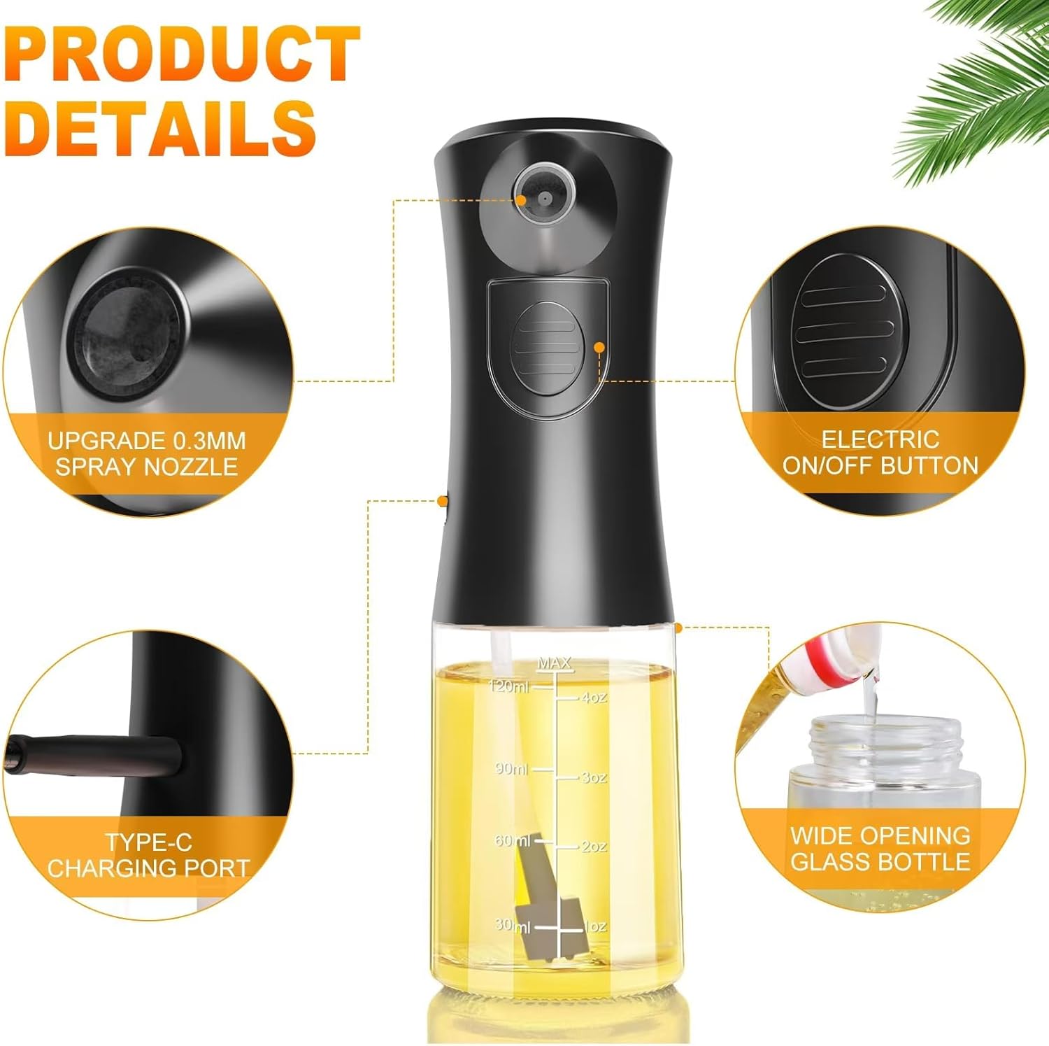 Electric Oil Sprayer for Cooking, Glass Oil Sprayer Mister, Olive Oil Spray Bottle, The Real Oil Mister for Salads, Baking, Grilling, and Ideal for Air Fryers, Black - Image 3