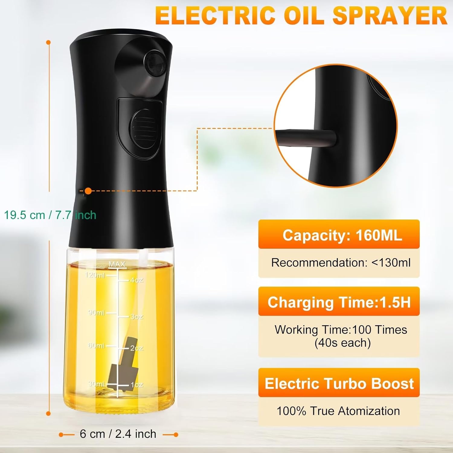 Electric Oil Sprayer for Cooking, Glass Oil Sprayer Mister, Olive Oil Spray Bottle, The Real Oil Mister for Salads, Baking, Grilling, and Ideal for Air Fryers, Black - Image 7