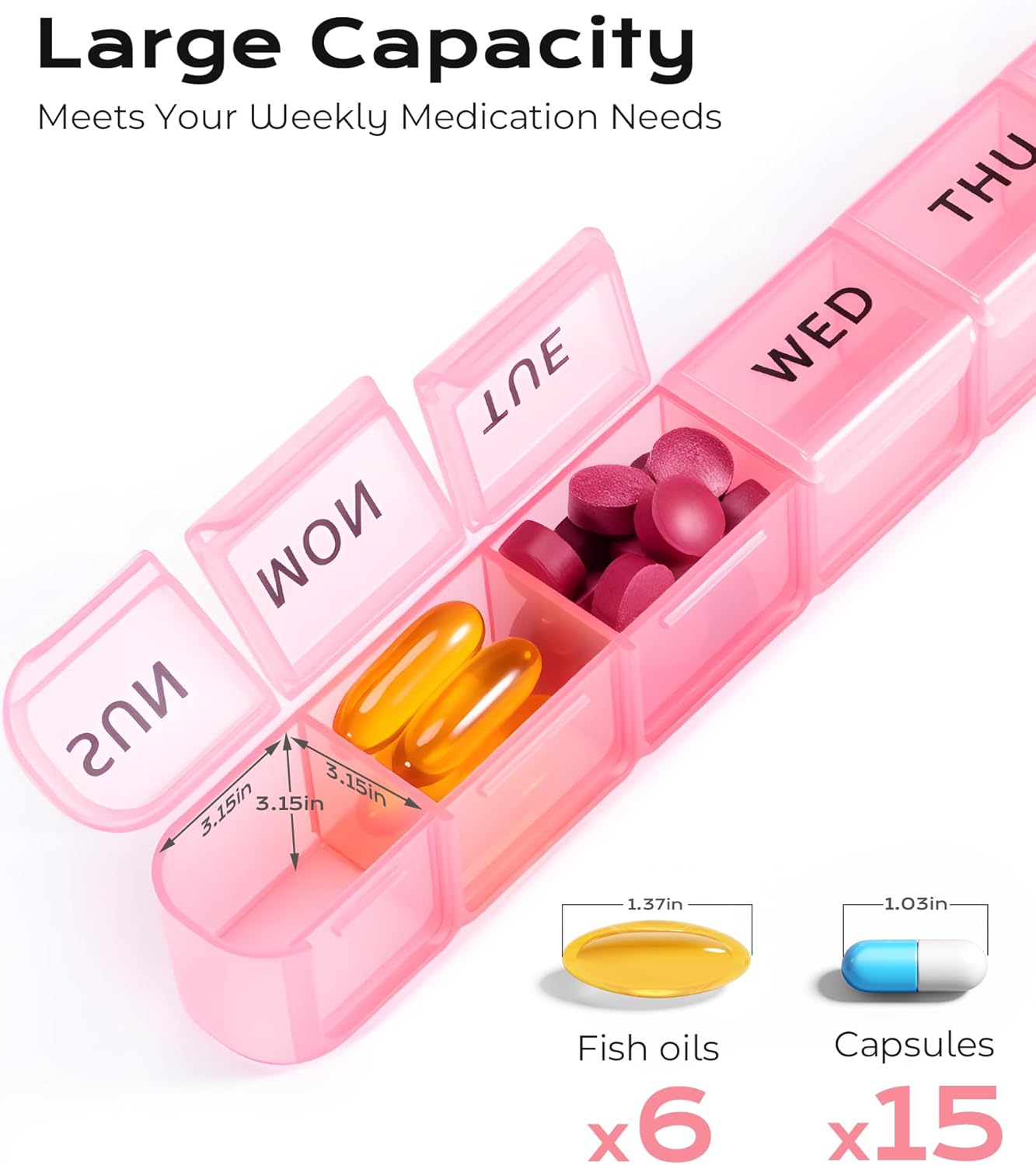Weekly Pill Organizer, Large 7 Day Pill Box, Travel Pill Case, Daily Pill Dispenser for Vitamins, Medicines, Supplements, and Fish Oil(Pink) - Image 2