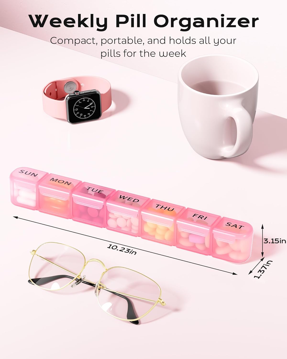 Weekly Pill Organizer, Large 7 Day Pill Box, Travel Pill Case, Daily Pill Dispenser for Vitamins, Medicines, Supplements, and Fish Oil(Pink) - Image 4
