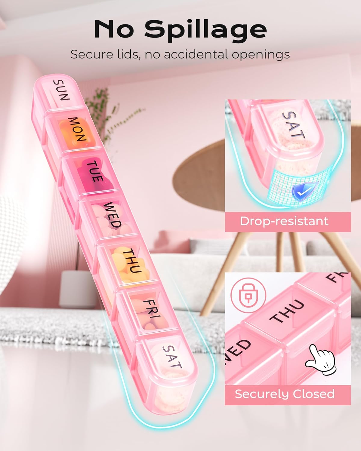 Weekly Pill Organizer, Large 7 Day Pill Box, Travel Pill Case, Daily Pill Dispenser for Vitamins, Medicines, Supplements, and Fish Oil(Pink) - Image 6
