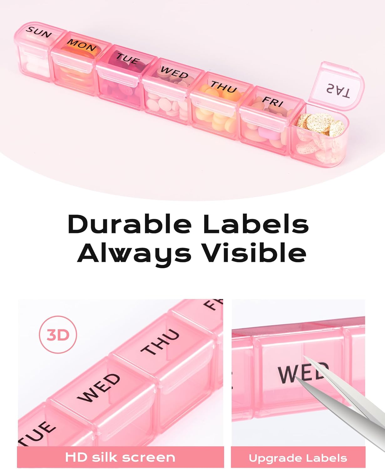 Weekly Pill Organizer, Large 7 Day Pill Box, Travel Pill Case, Daily Pill Dispenser for Vitamins, Medicines, Supplements, and Fish Oil(Pink) - Image 8