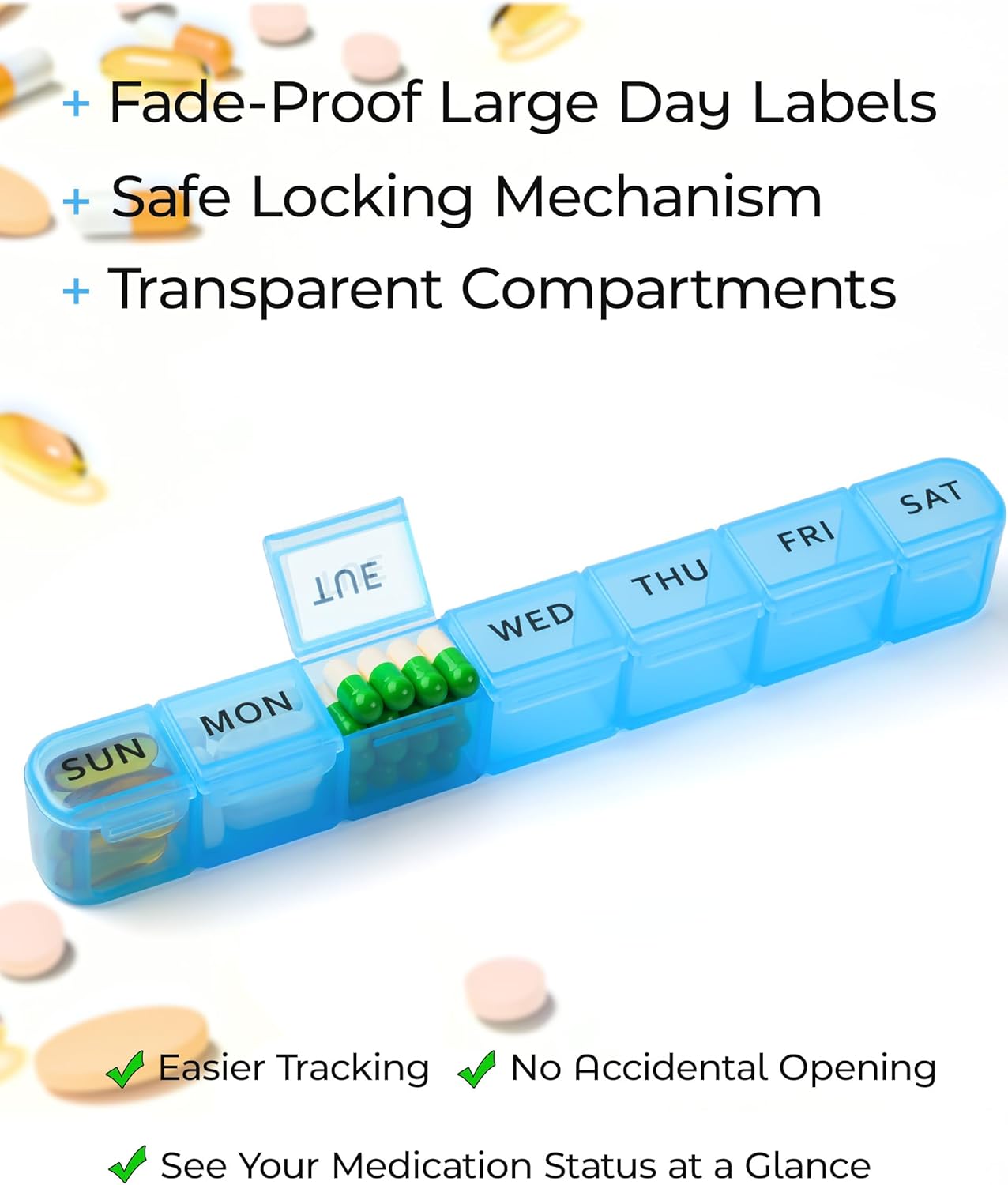 2 Pack Weekly Pill Organizer, Large 7 Day Pill Box, BPA-Free Travel Medicine Case, Easy Open & Secure Close, Portable Pill Holder for Vitamins, Supplements & Medications - Blue&Purple - Image 5