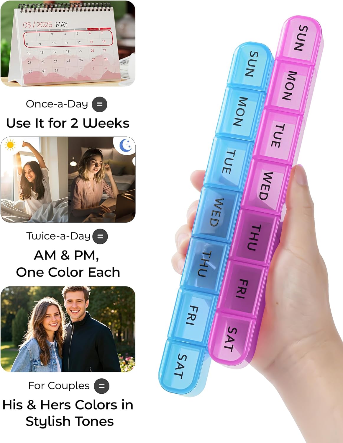 2 Pack Weekly Pill Organizer, Large 7 Day Pill Box, BPA-Free Travel Medicine Case, Easy Open & Secure Close, Portable Pill Holder for Vitamins, Supplements & Medications - Blue&Purple - Image 6