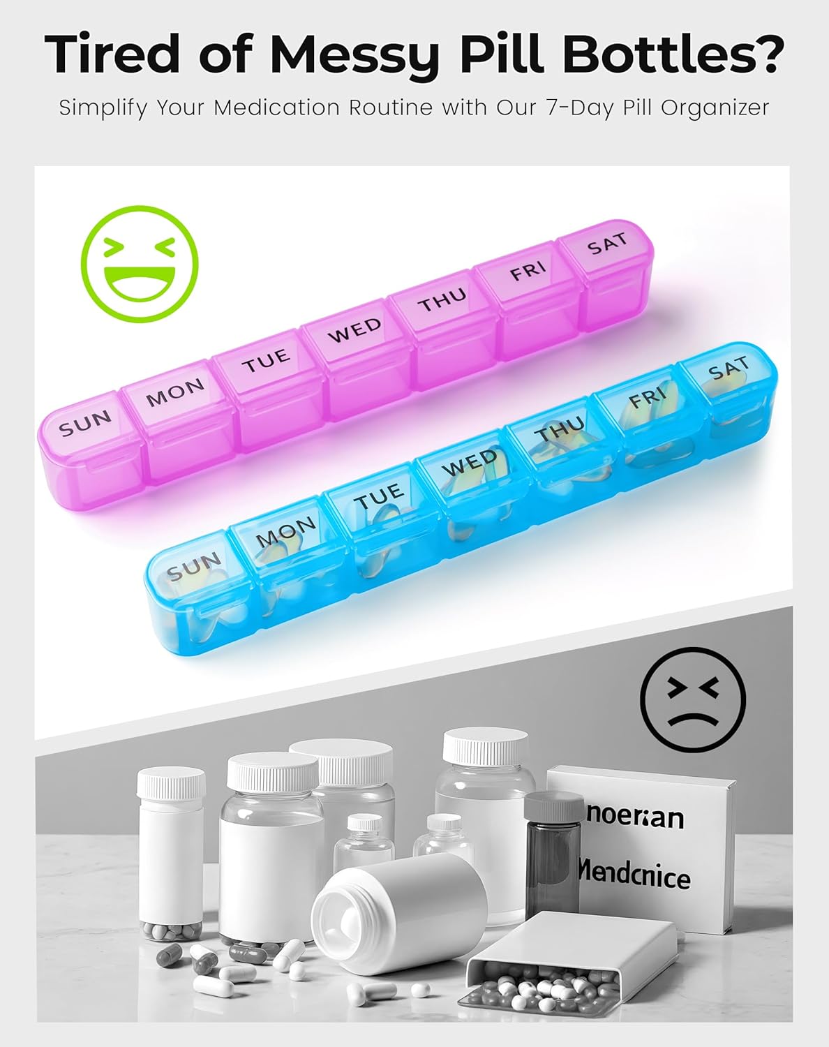 2 Pack Weekly Pill Organizer, Large 7 Day Pill Box, BPA-Free Travel Medicine Case, Easy Open & Secure Close, Portable Pill Holder for Vitamins, Supplements & Medications - Blue&Purple - Image 7