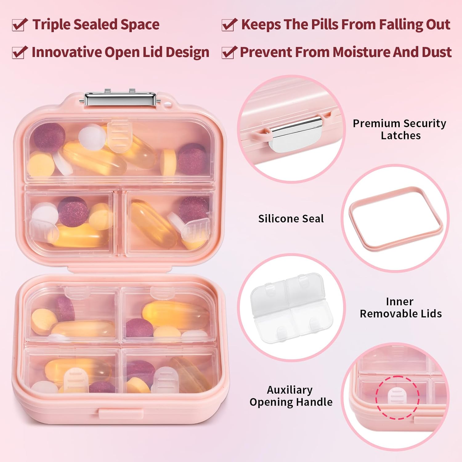 Travel Pill Organizer, 7 Compartments Portable Pill Case, Compact and Portable Pill Box, Small Pill Container for Pocket Purse Medicine Organizer, Daily Pill Box to Hold Vitamins - Image 2