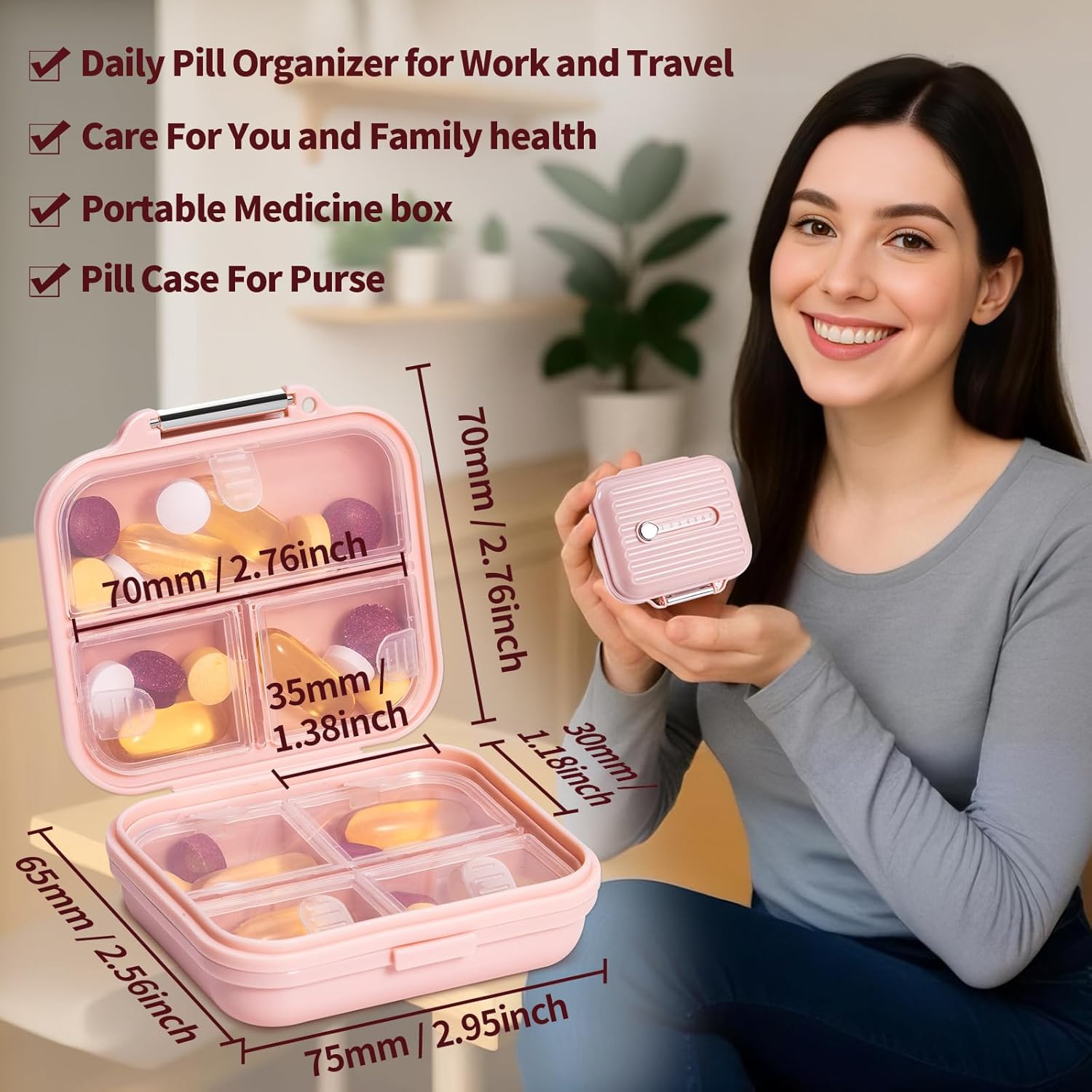 Travel Pill Organizer, 7 Compartments Portable Pill Case, Compact and Portable Pill Box, Small Pill Container for Pocket Purse Medicine Organizer, Daily Pill Box to Hold Vitamins - Image 5