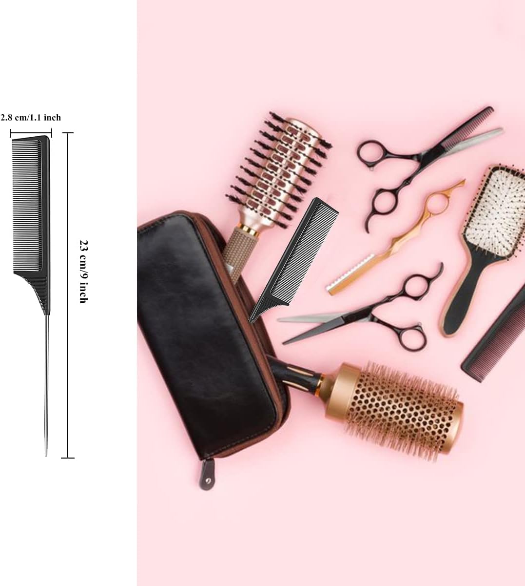 2 Pack Tail Comb, Carbon Fiber Stainless Steel Pintail and Heat Resistant Rat Teasing Comb for Daughter Women, Black - Image 2