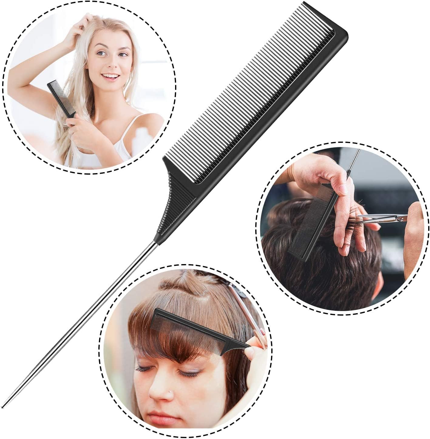 2 Pack Tail Comb, Carbon Fiber Stainless Steel Pintail and Heat Resistant Rat Teasing Comb for Daughter Women, Black - Image 6