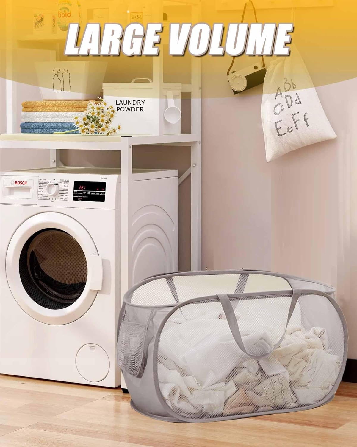 Mesh Collapsible Laundry Basket with Pockets and Reinforced Carry Handles, Foldable Dirty Clothes Pop up Laundry Hamper for Dorm Bathroom Bedroom Travel Dorm Camping (1, Grey) - Image 2