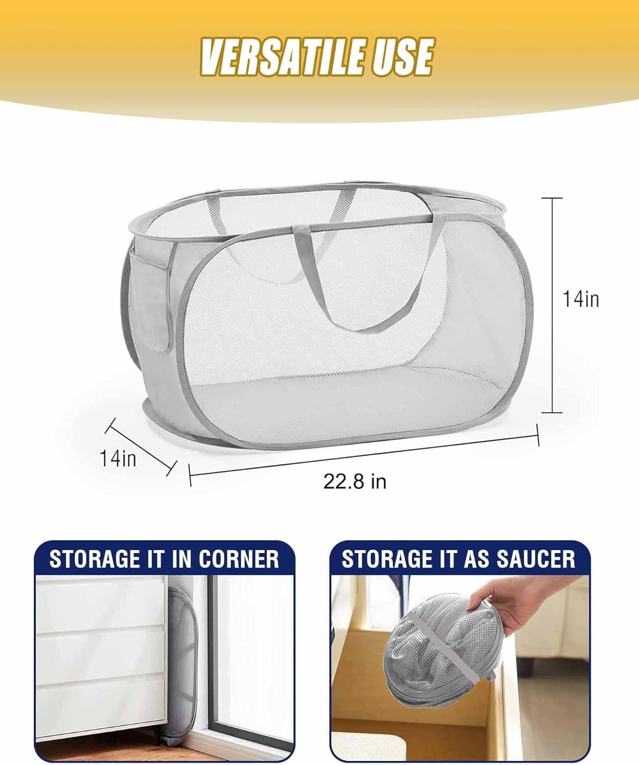 Mesh Collapsible Laundry Basket with Pockets and Reinforced Carry Handles, Foldable Dirty Clothes Pop up Laundry Hamper for Dorm Bathroom Bedroom Travel Dorm Camping (1, Grey) - Image 3