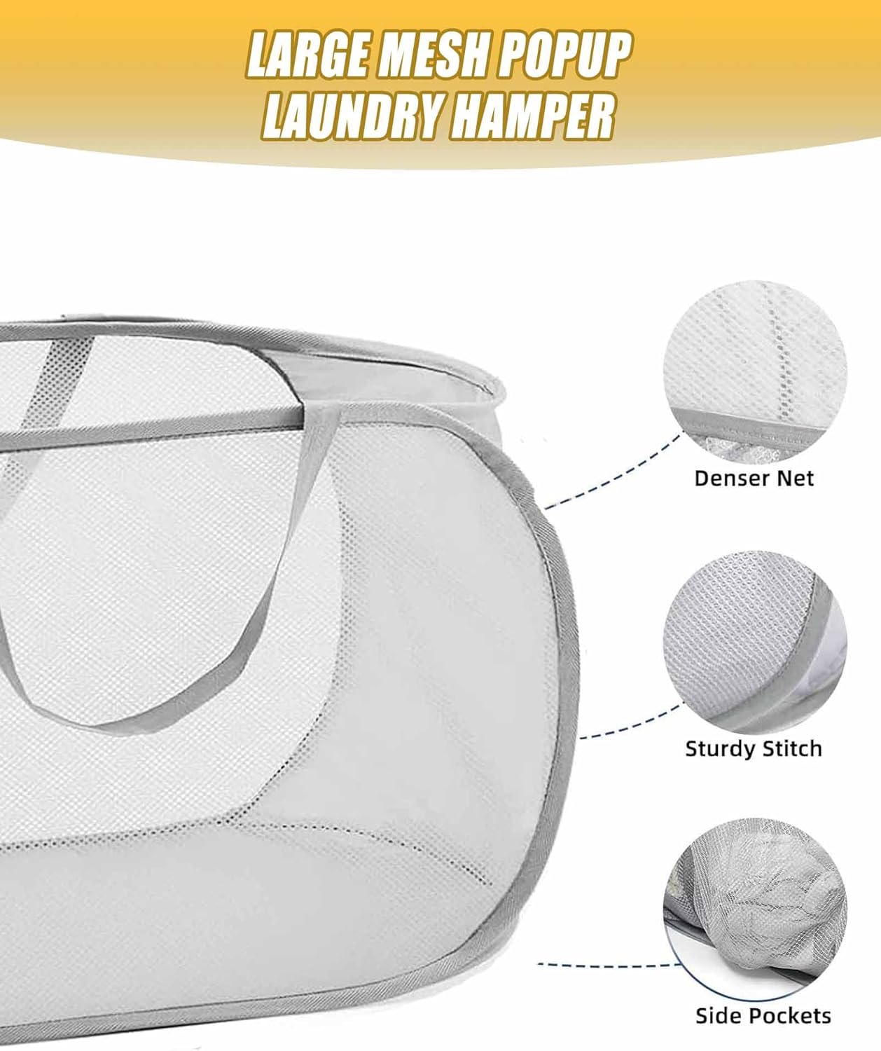 Mesh Collapsible Laundry Basket with Pockets and Reinforced Carry Handles, Foldable Dirty Clothes Pop up Laundry Hamper for Dorm Bathroom Bedroom Travel Dorm Camping (1, Grey) - Image 4