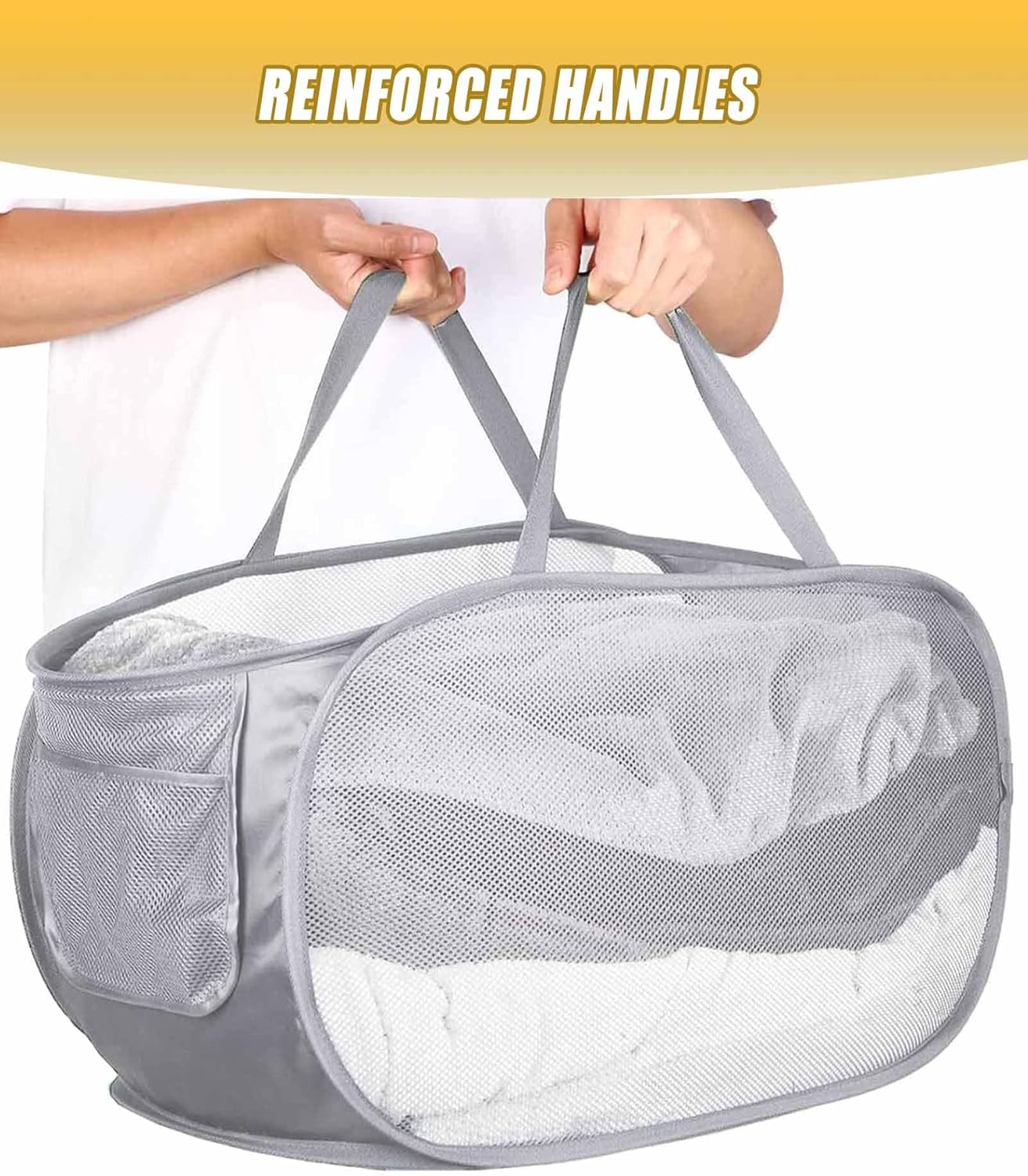 Mesh Collapsible Laundry Basket with Pockets and Reinforced Carry Handles, Foldable Dirty Clothes Pop up Laundry Hamper for Dorm Bathroom Bedroom Travel Dorm Camping (1, Grey) - Image 5