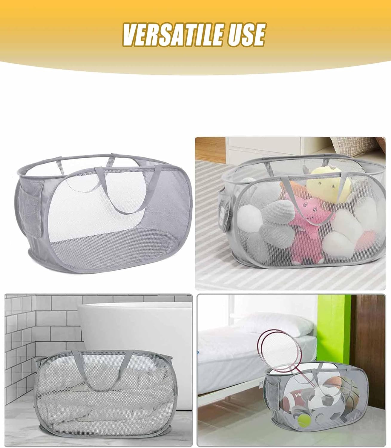 Mesh Collapsible Laundry Basket with Pockets and Reinforced Carry Handles, Foldable Dirty Clothes Pop up Laundry Hamper for Dorm Bathroom Bedroom Travel Dorm Camping (1, Grey) - Image 6